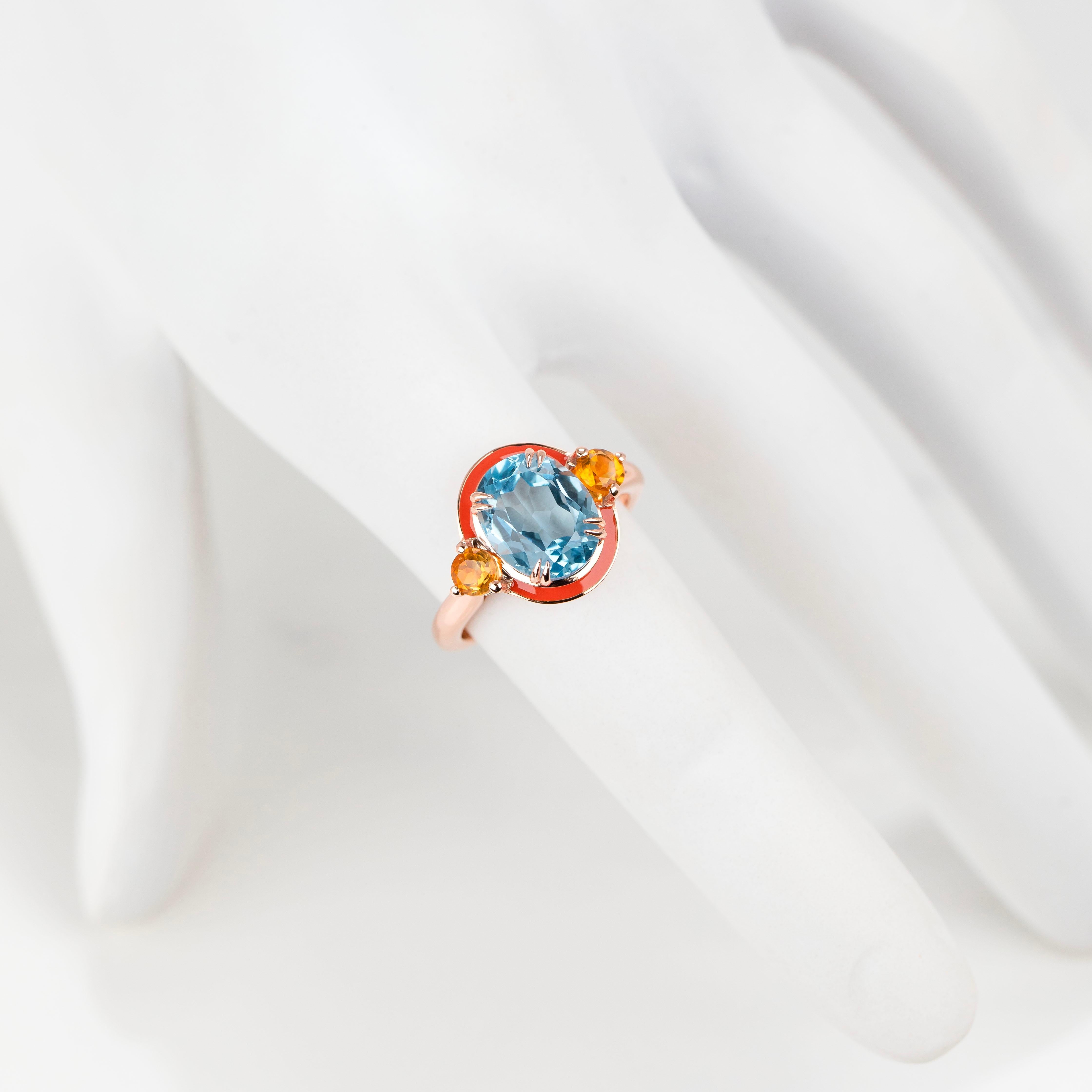 14K Gold Artdeco Style Enameled Cocktail Ring with Sky Topaz and Citrine Stone In New Condition For Sale In ISTANBUL, TR