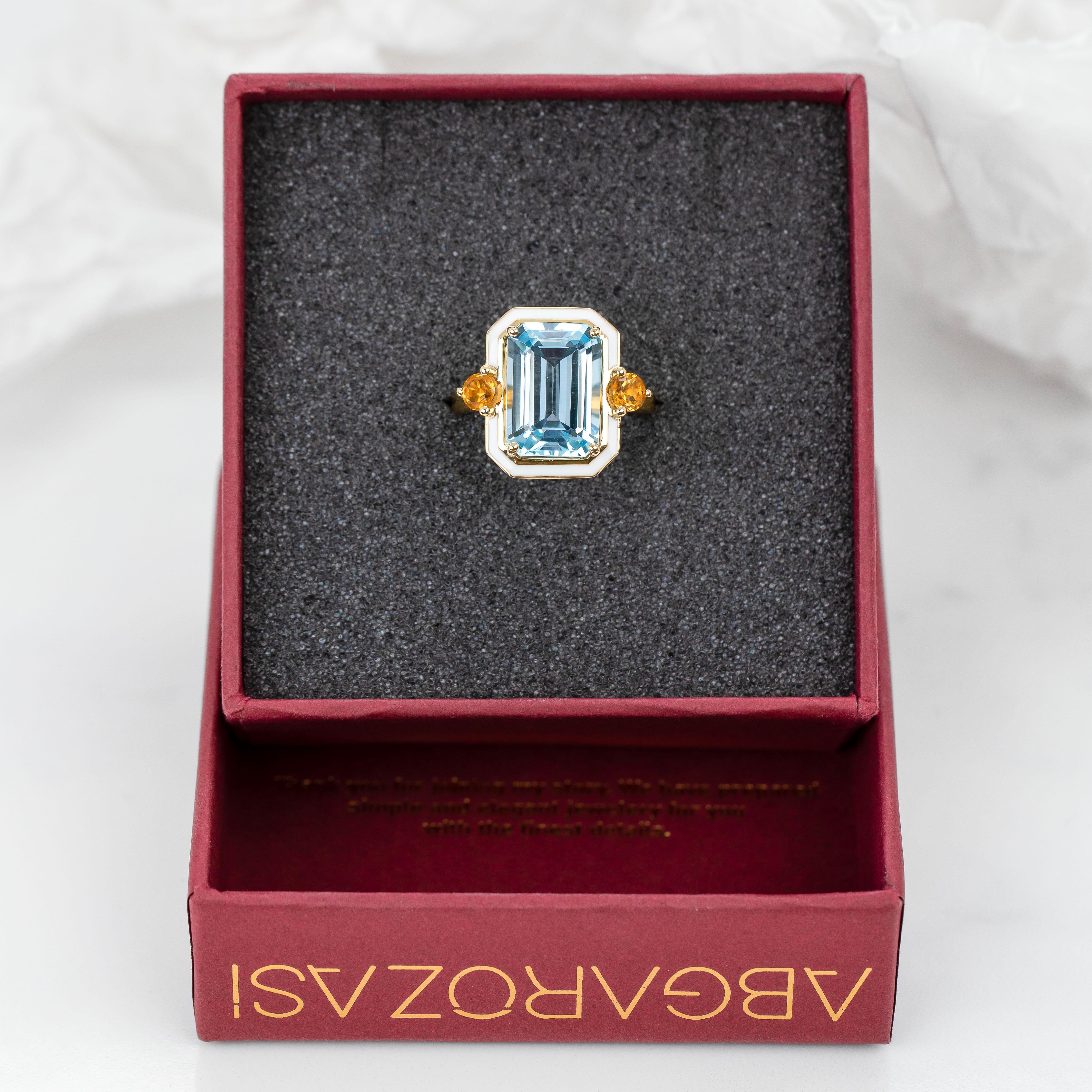 14K Gold Artdeco Style Enameled Cocktail Ring with Sky Topaz and Citrine Stone For Sale 3