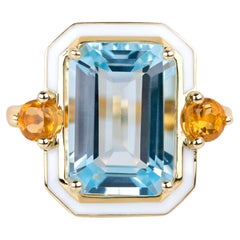 Anillo de Cóctel Esmaltado Estilo Artdeco de Oro de 14K con Topacio Celeste y Piedra de Citrino