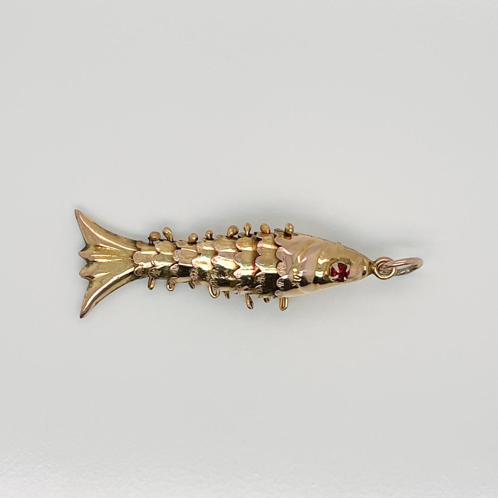 Retro 14k Gold Articulated Fish with Garnet Gemstone Eyes Charm for a Bracelet