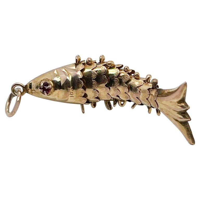 14k Gold Articulated Fish with Gemstone Eyes Charm for a Bracelet For Sale at 1stDibs