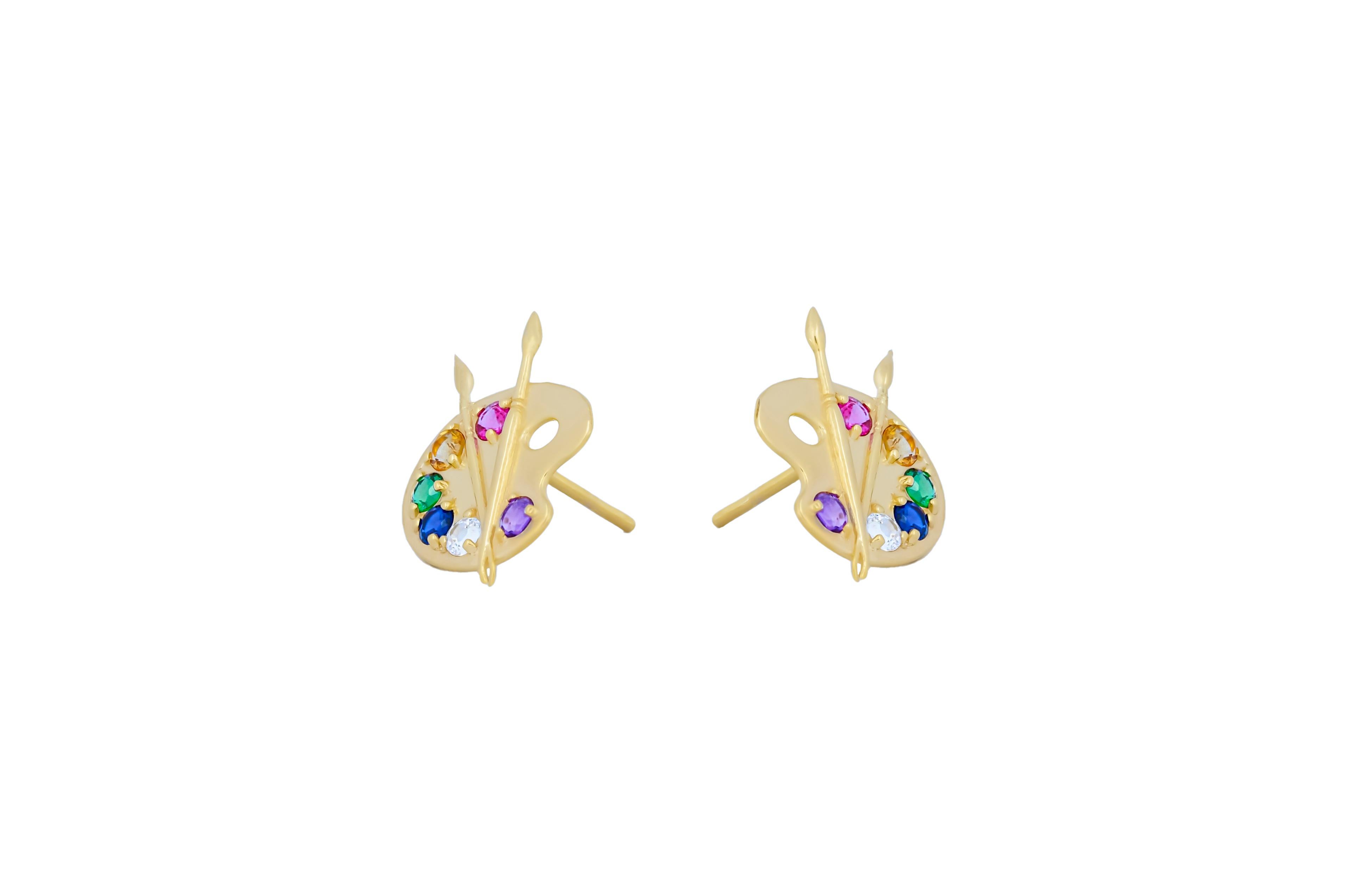 Modern 14k Gold Artist Palette Earrings studs. For Sale