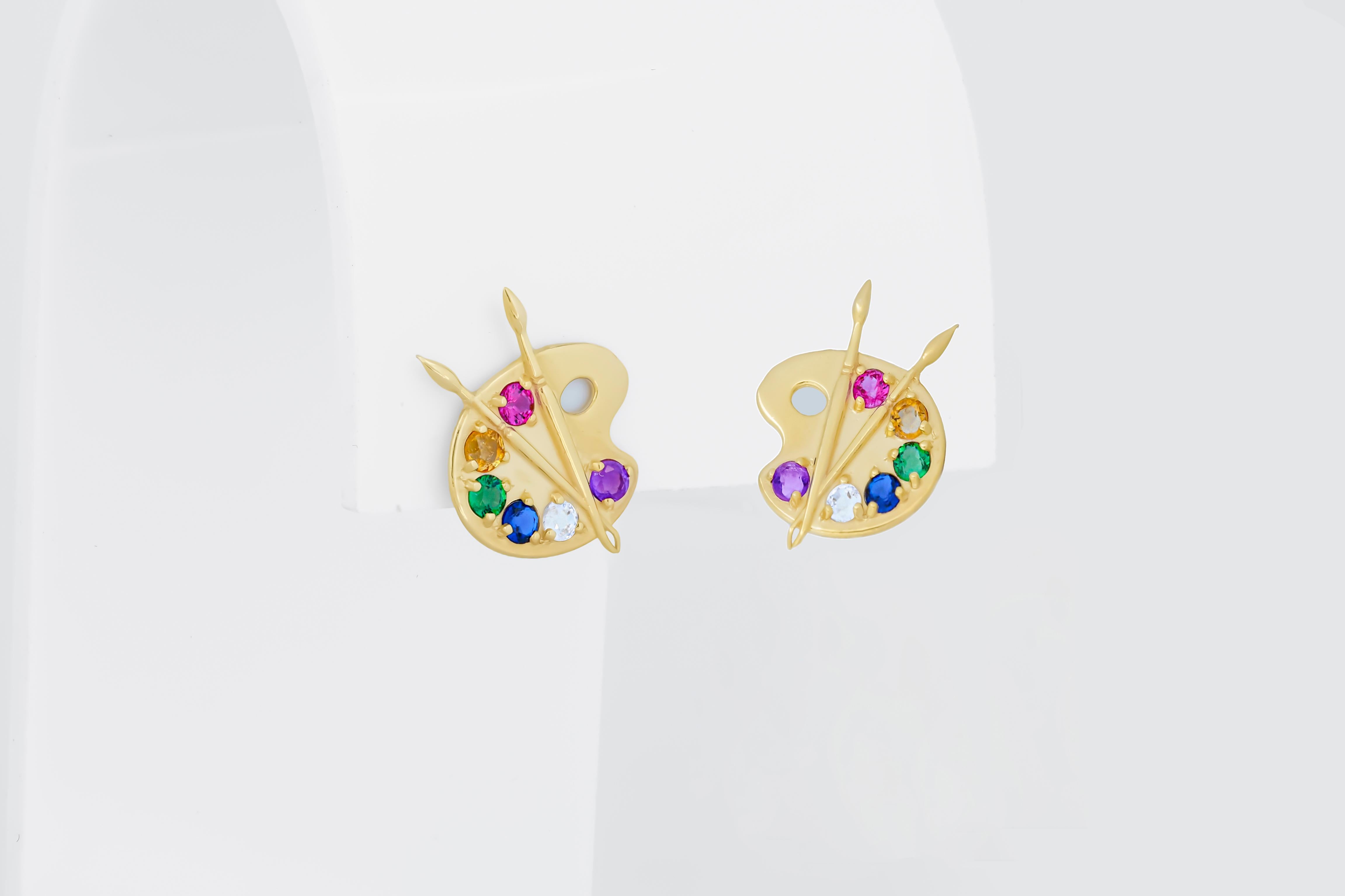 Women's 14k Gold Artist Palette Earrings studs. For Sale