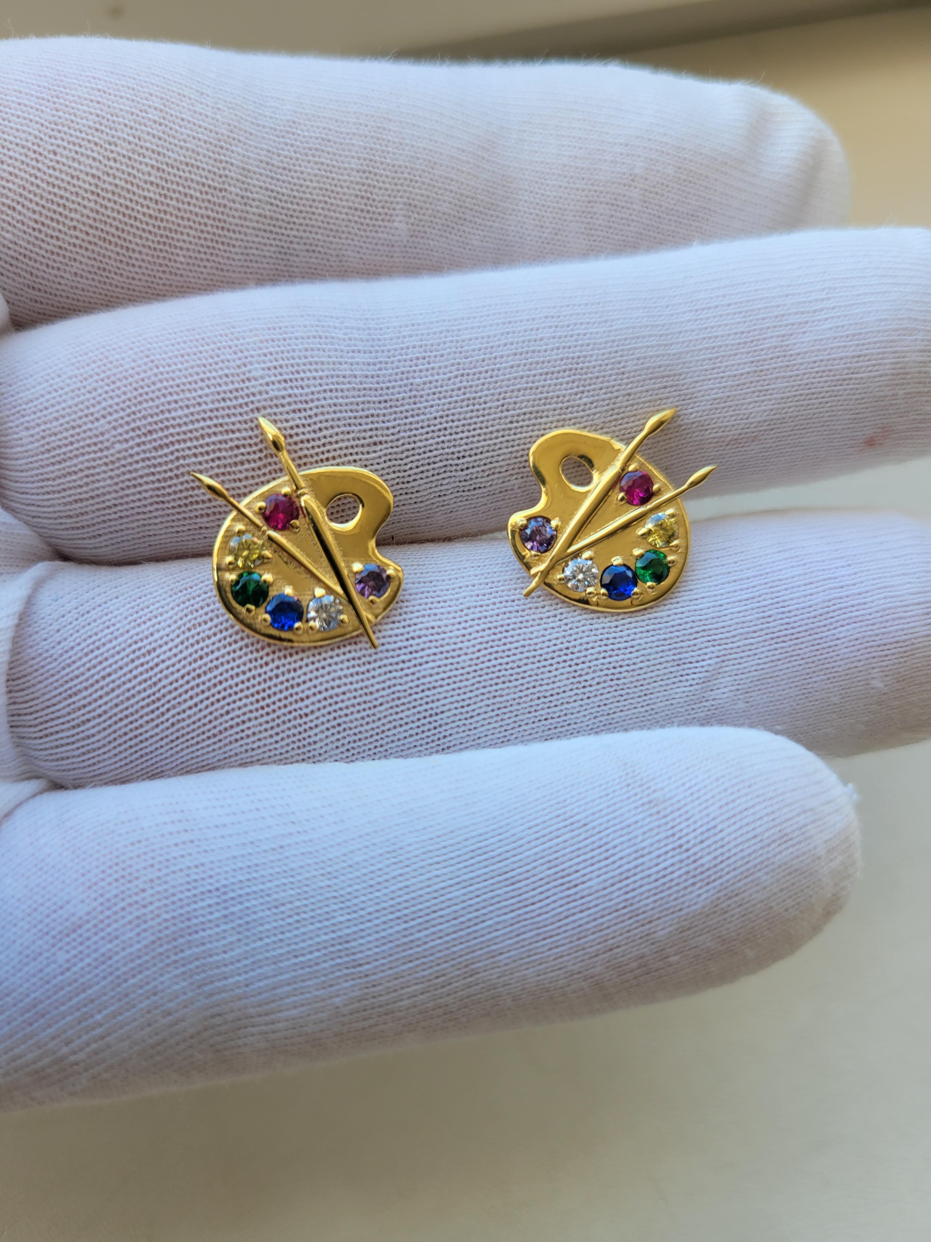 Boucles d'oreilles en or 14k Palette d'Artistics.
Boucles d'oreilles en pierres multicolores. Palette de peinture et pinceau Boucles d'oreilles. Artistics. Peintre Studs.

Métal : or 14k
14x16 mm
Poids 2,5 gr.

Pierres précieuses :
Améthyste,
