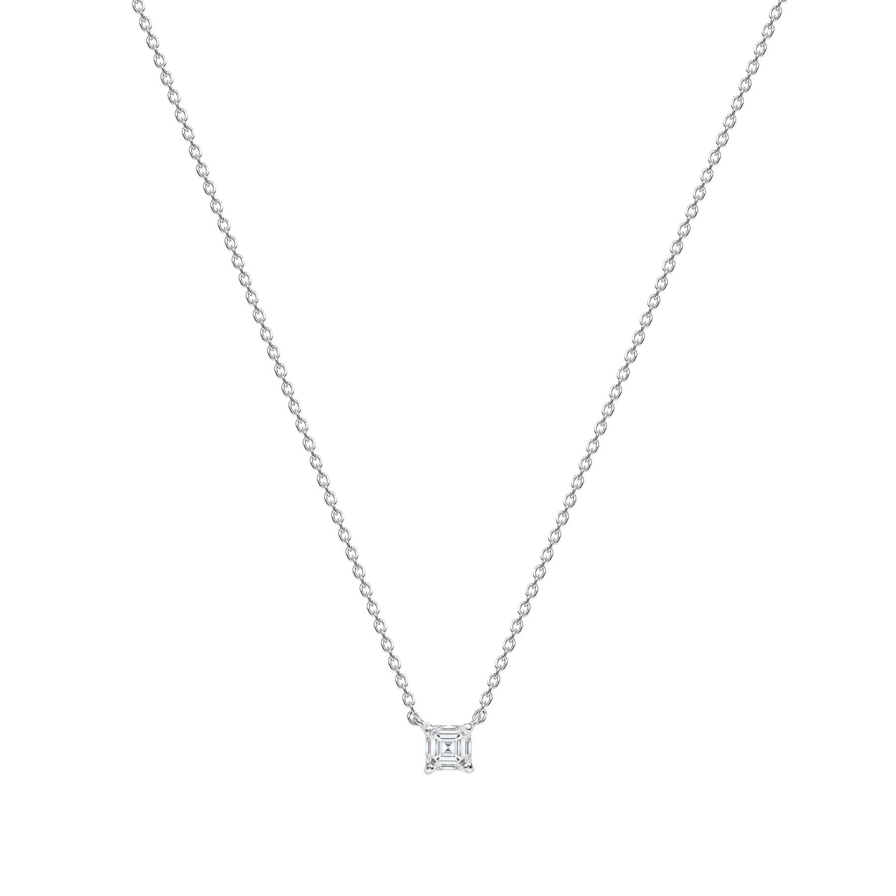 An Asscher-shaped center diamond oriented horizontally in 14k gold

Necklace Information
Gold : 14K Gold
Color : Yellow Gold, Rose Gold, White Gold
Diamond Total Carats : 0.50ct
Necklace Length : 16 Inches 
Diamond Clarity : VS -SI
Diamond Color :