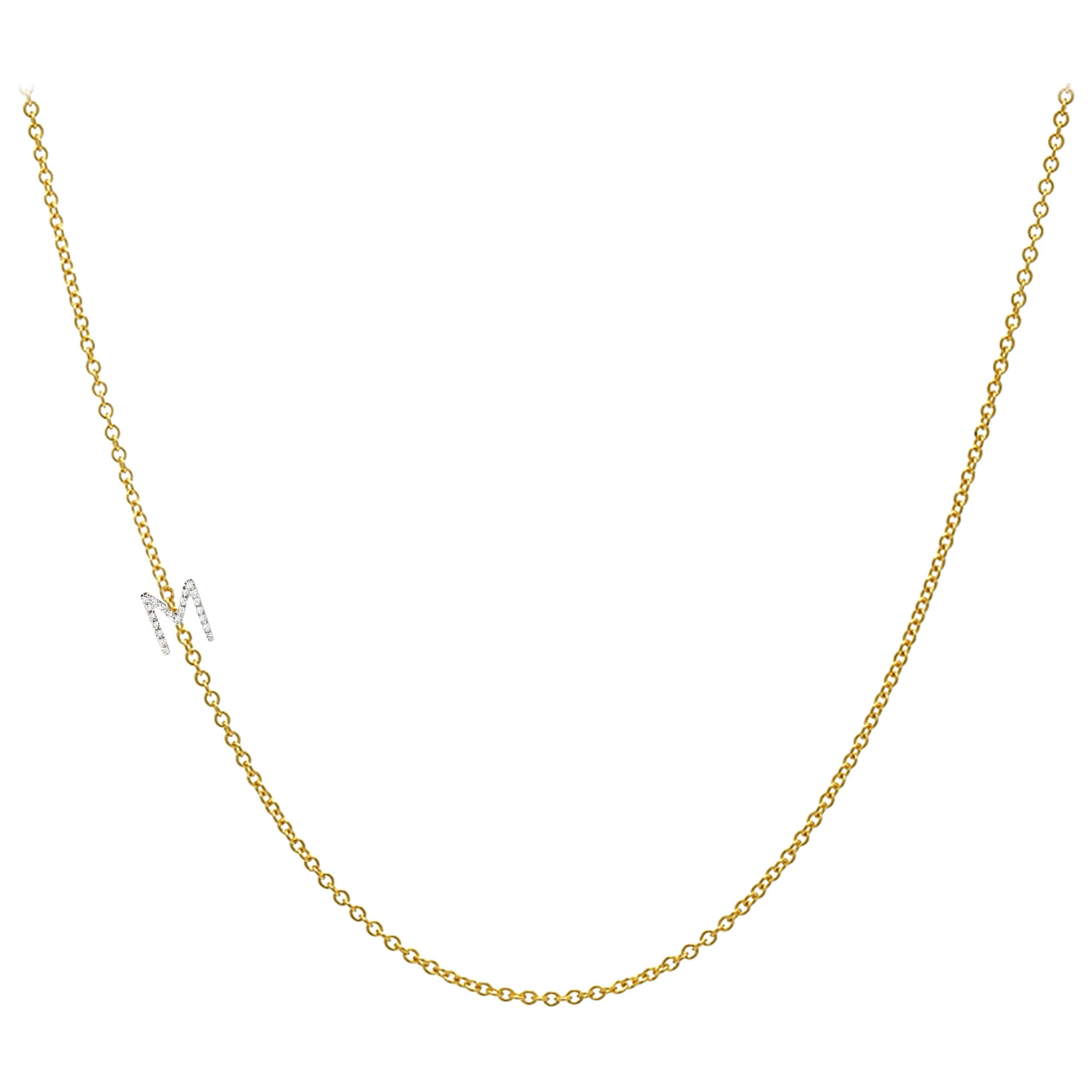 14 Karat Gold Asymmetrical Initial Necklace, M For Sale