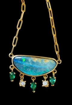 14k Gold Australian Opal Necklace with Columbian Emeralds & Diamonds