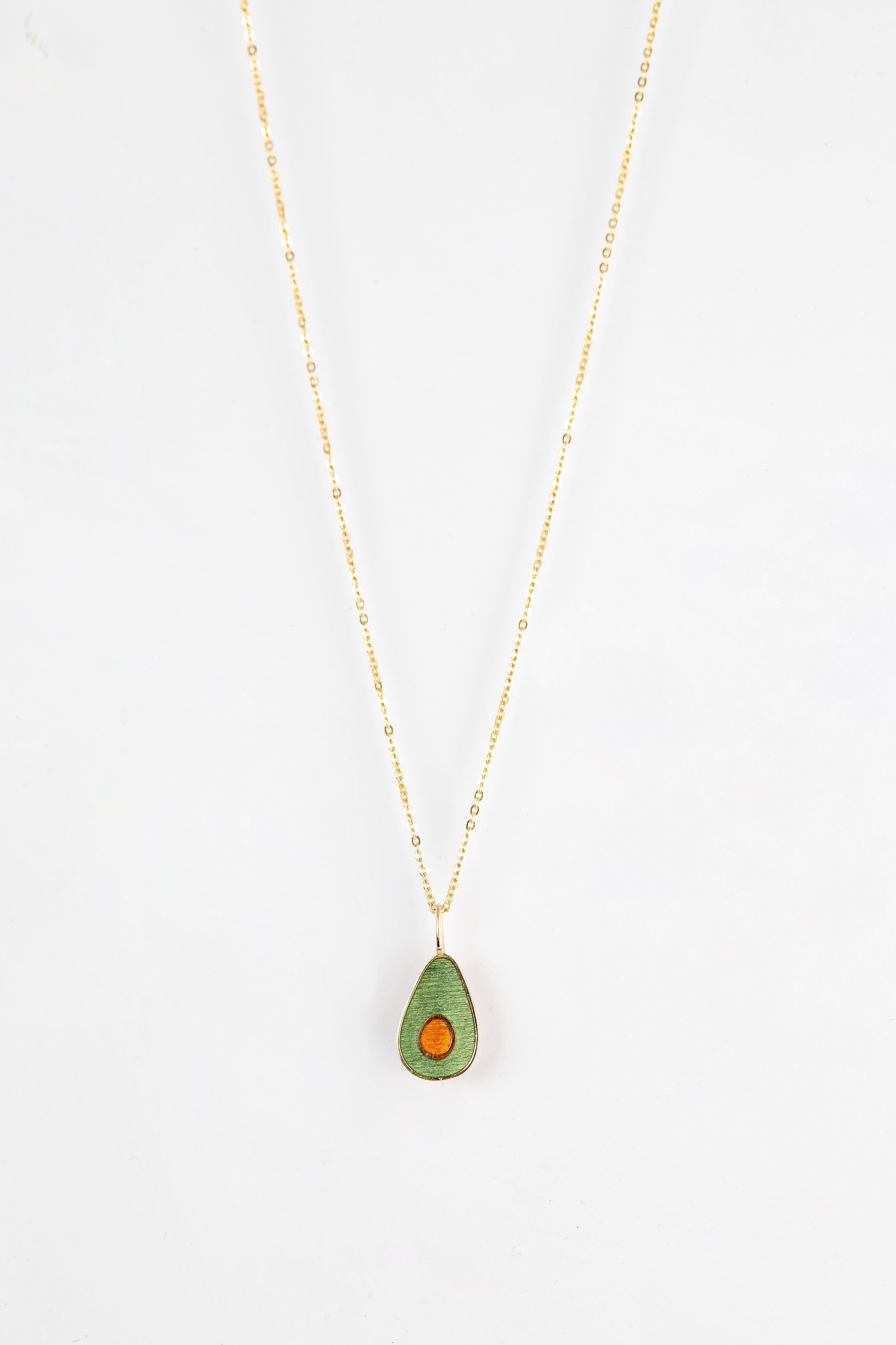 14K Gold Avocado Necklace, Enamel Fruit Necklace For Sale 2