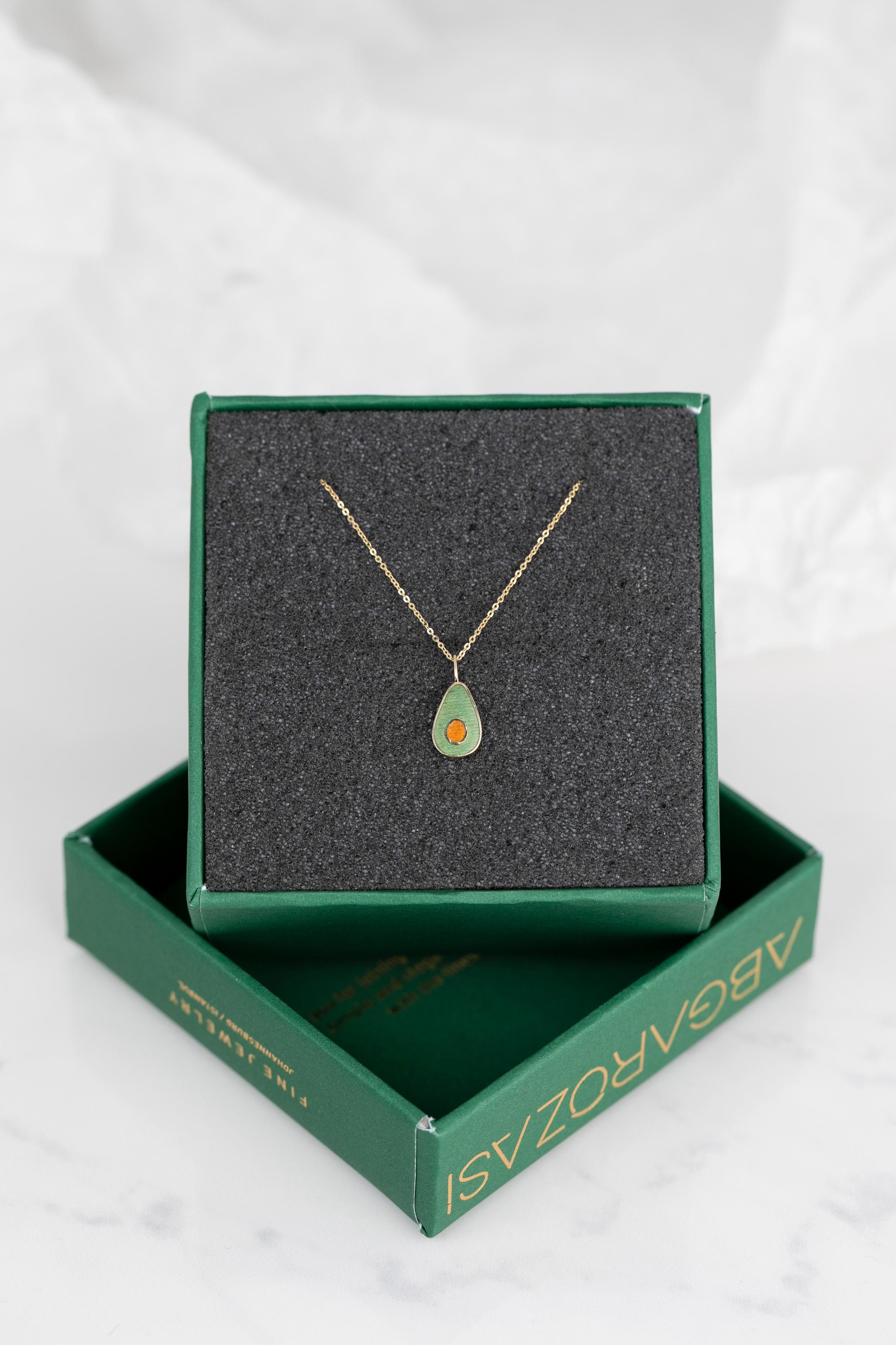 14K Gold Avocado Necklace, Enamel Fruit Necklace For Sale 6