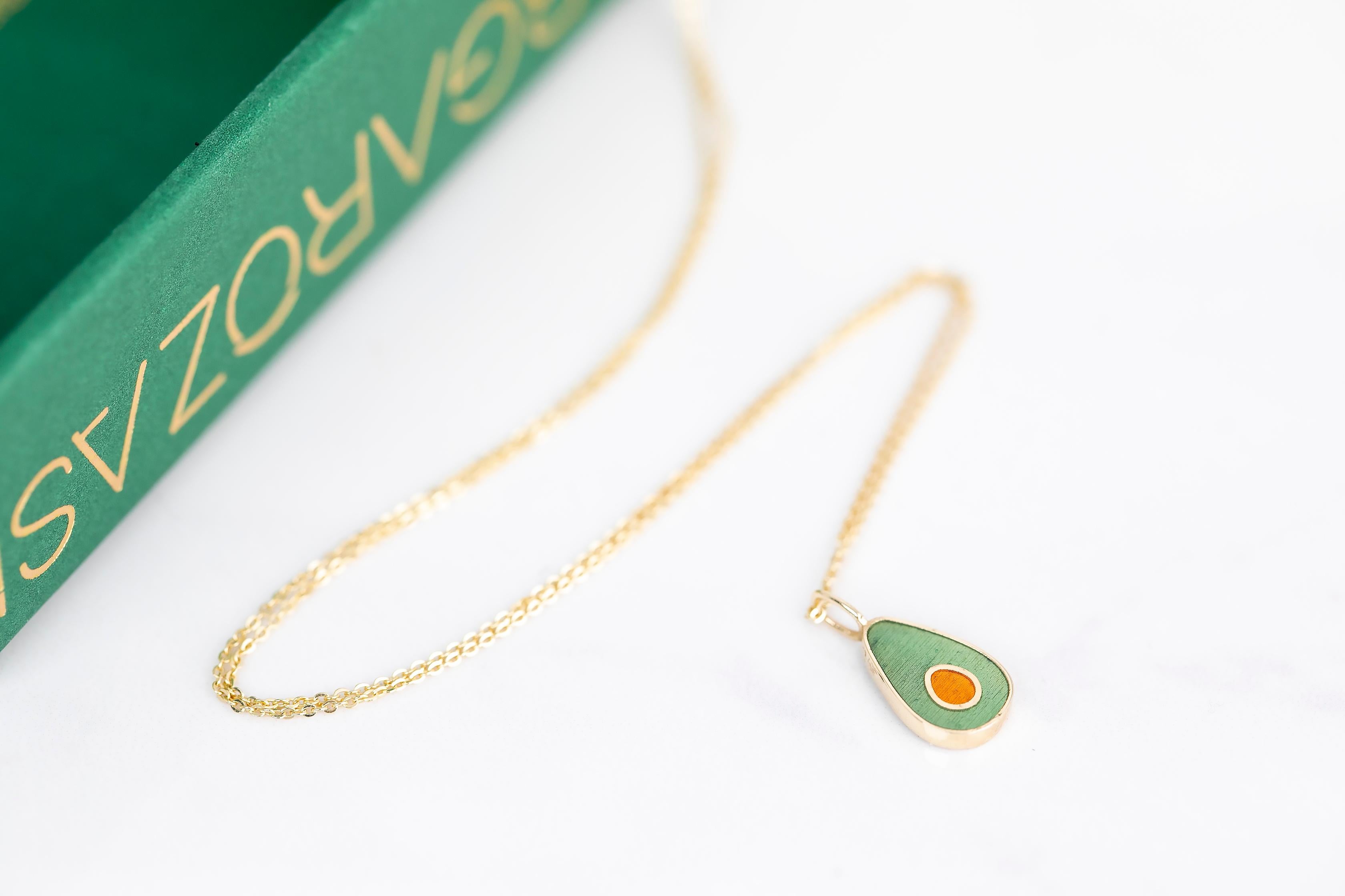 Women's or Men's 14K Gold Avocado Necklace, Enamel Fruit Necklace For Sale