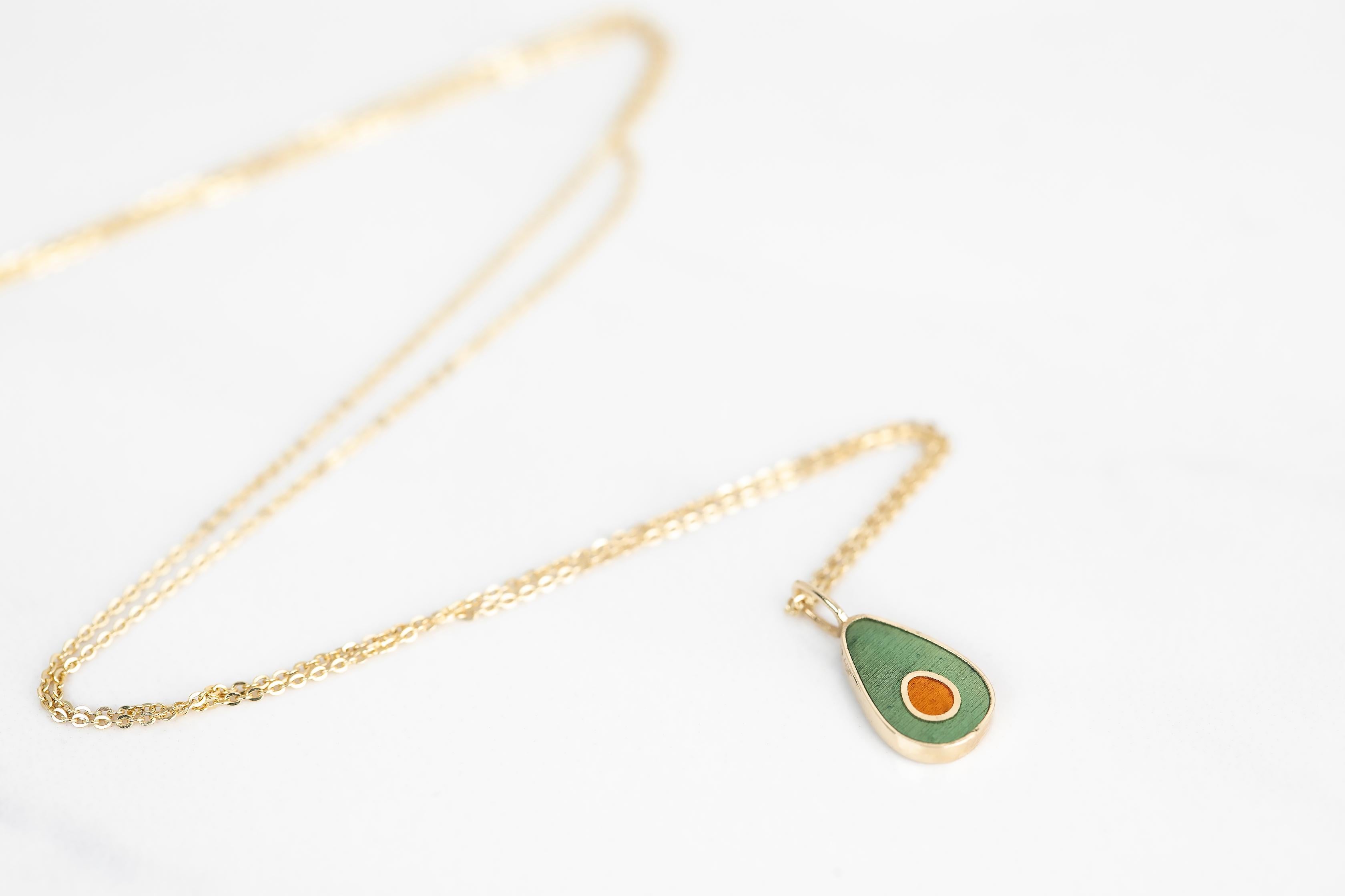 14K Gold Avocado Necklace, Enamel Fruit Necklace For Sale 1