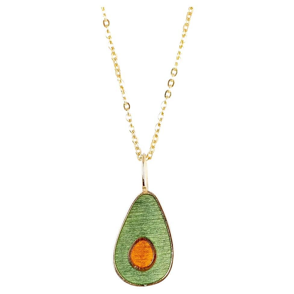 14K Gold Avocado Necklace, Enamel Fruit Necklace For Sale