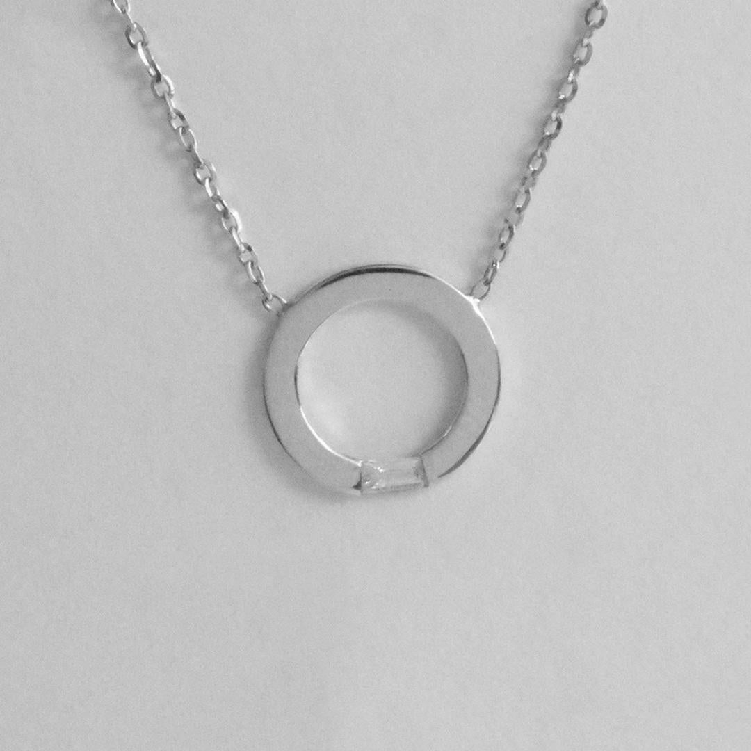 Modern 14k Gold Baguette Diamond Pendant Gold Circle Pendant Necklace with Diamond For Sale