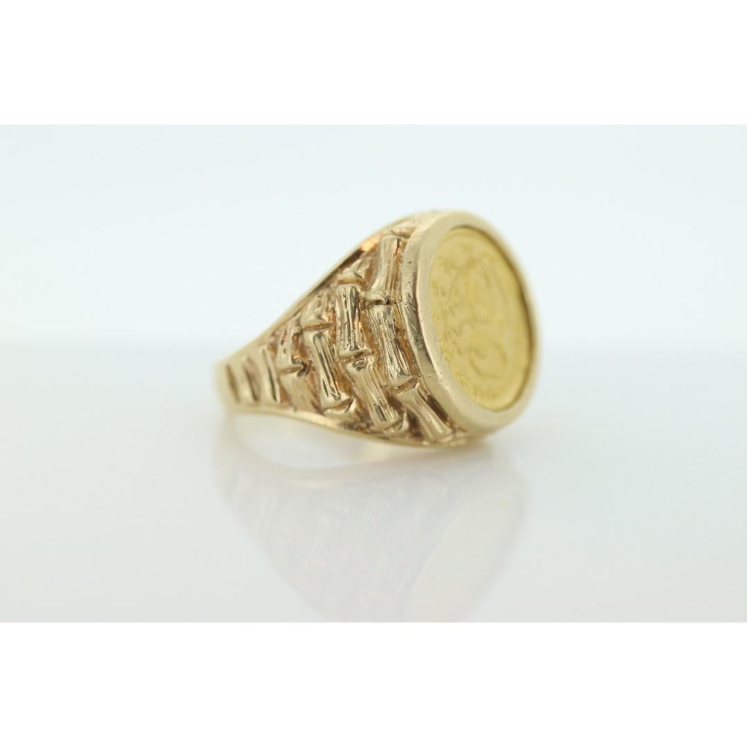 Vintage from the 1990s
Size: 8 1/2 US
Materials: Gold
Gemstone: Diamond
Gem color: Colorless

Style: Minimalist

Very unique Mens or Women Ring. Bamboo formed shank with a bezel set coin.

24k Gold Chinese Panda coin. 1985 Panda 1/20 Au 999 Fine