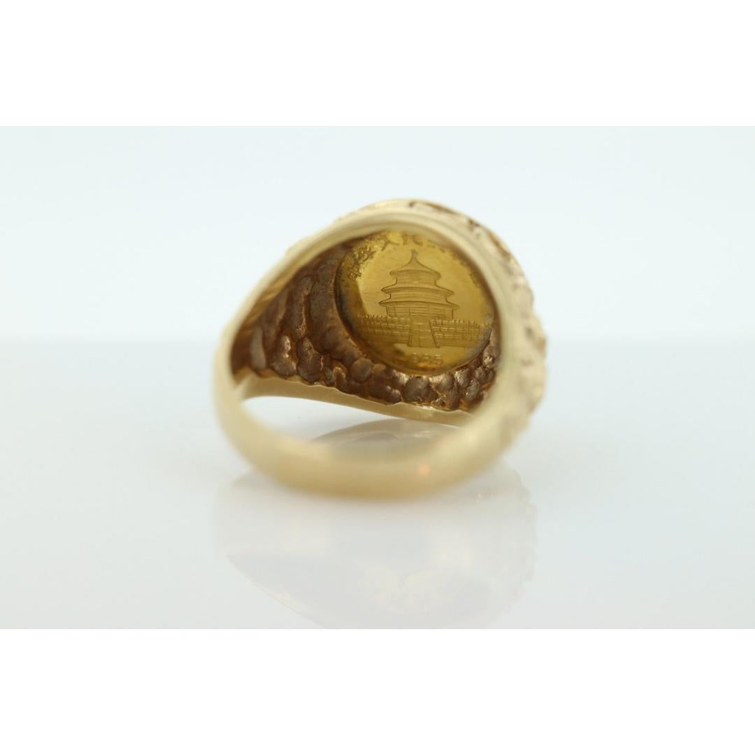 14k Gold BAMBOO ring with a 1985 Panda 1/20 999 Fine 24k Gold Coin Bamboo bezel In Good Condition For Sale In Port Charlotte, FL