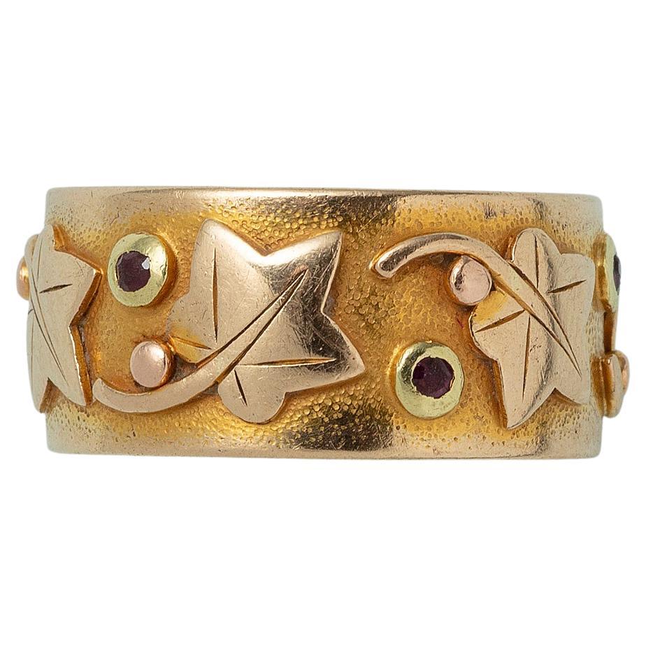14k Gold Band Ring with Ivy and Ruby For Sale