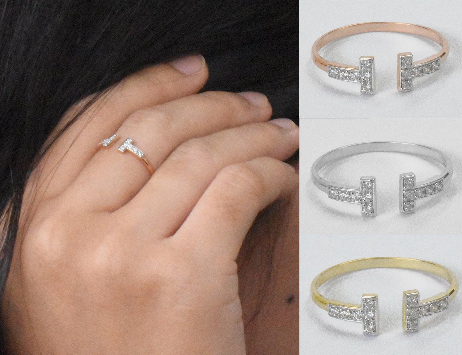 Im Angebot: 14k Gold Bar-Ring mit zwei Bar-Diamant-Ring und doppeltem Bar-Ring () 4