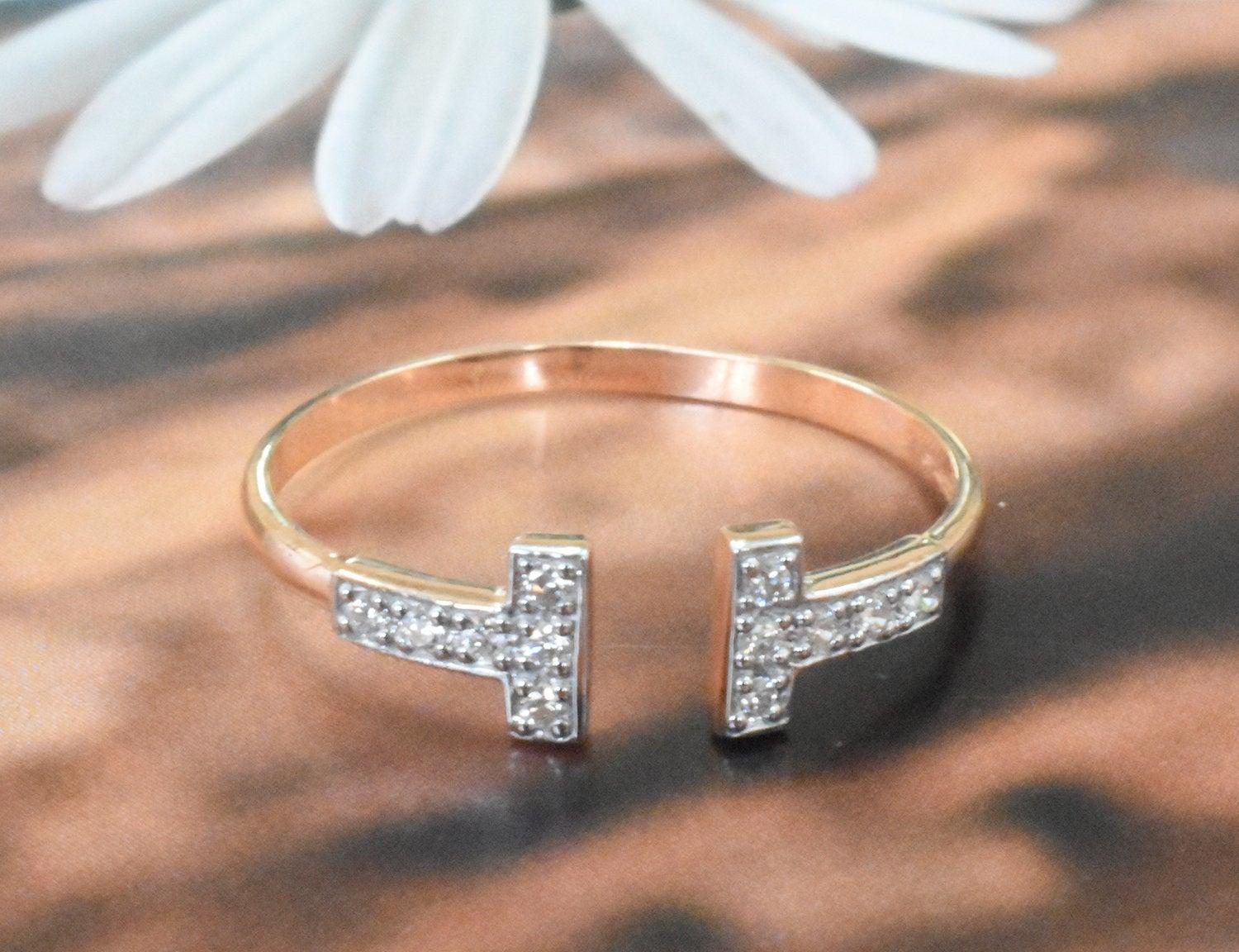 Im Angebot: 14k Gold Bar-Ring mit zwei Bar-Diamant-Ring und doppeltem Bar-Ring () 5