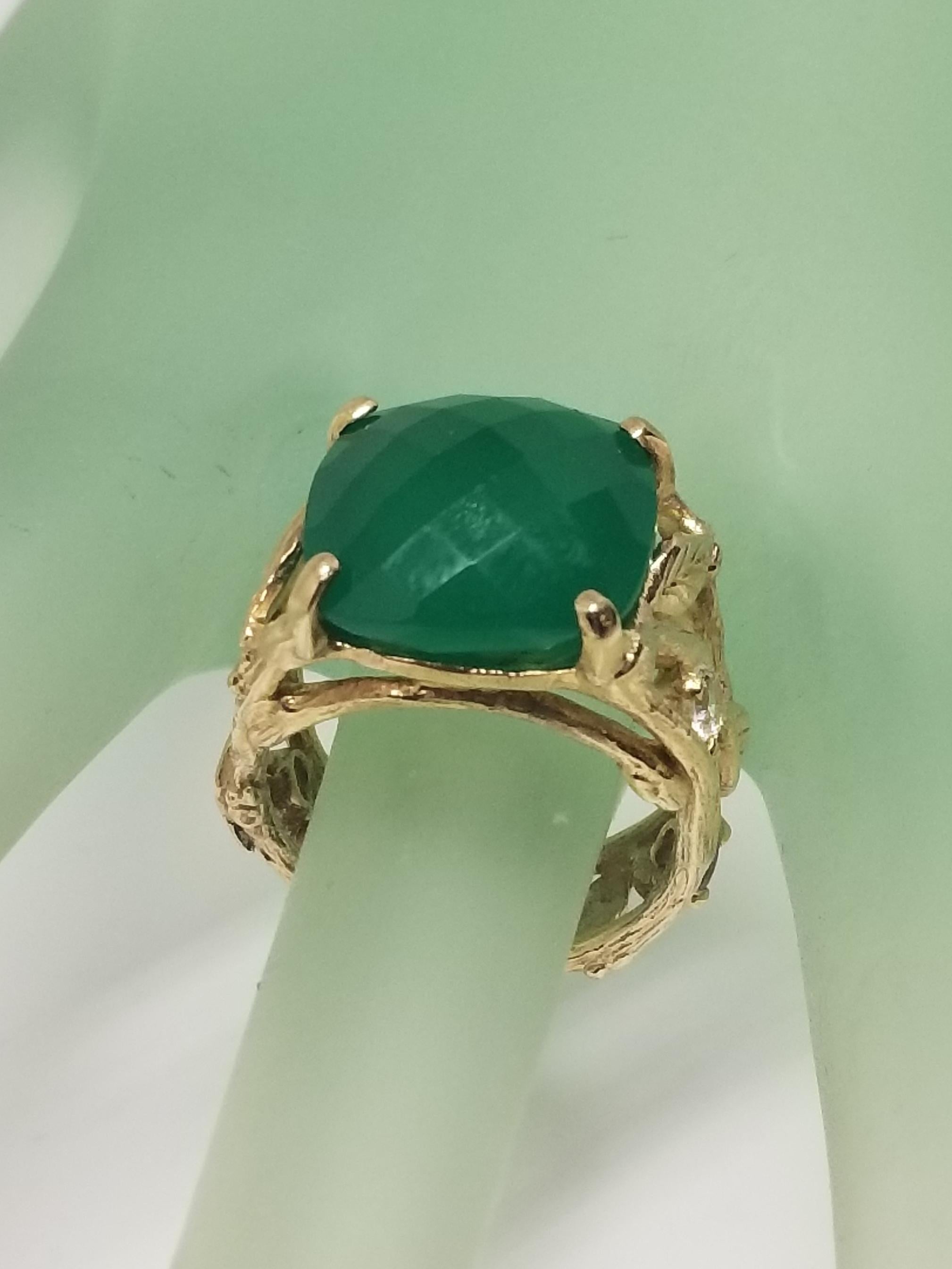 Cushion Cut 14 Karat Gold Bark Green Onyx Ring
