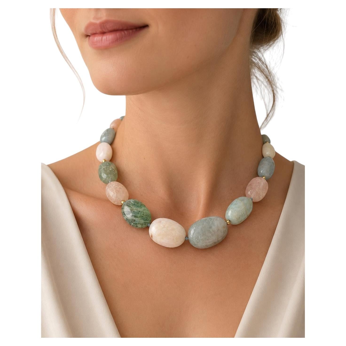 14k Gold Beads & Clasp Multi Color Tumbled Polished Hardstone Statement Necklace For Sale