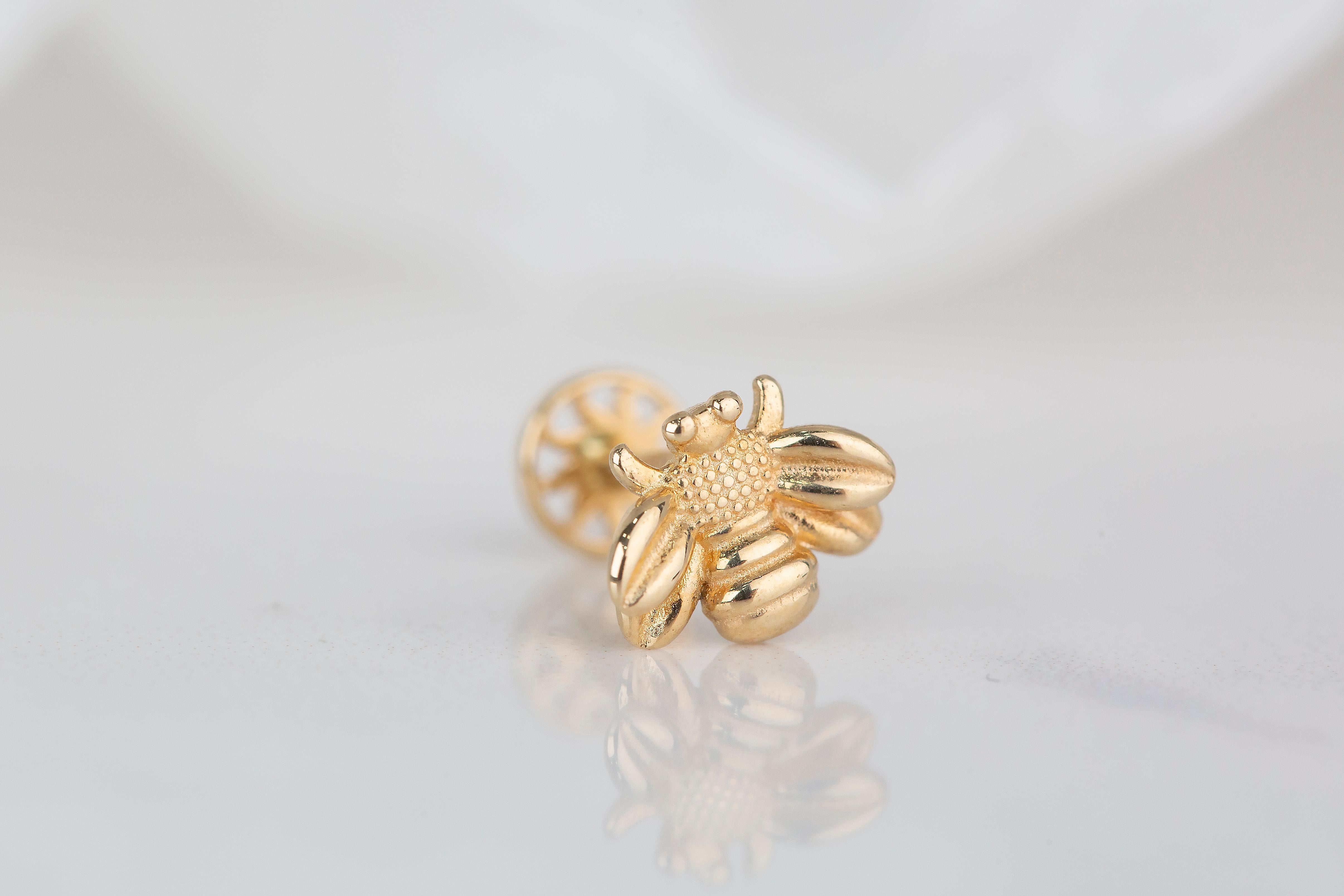 Women's 14K Gold Bee Piercing, Honeybee Gold Stud Earring For Sale