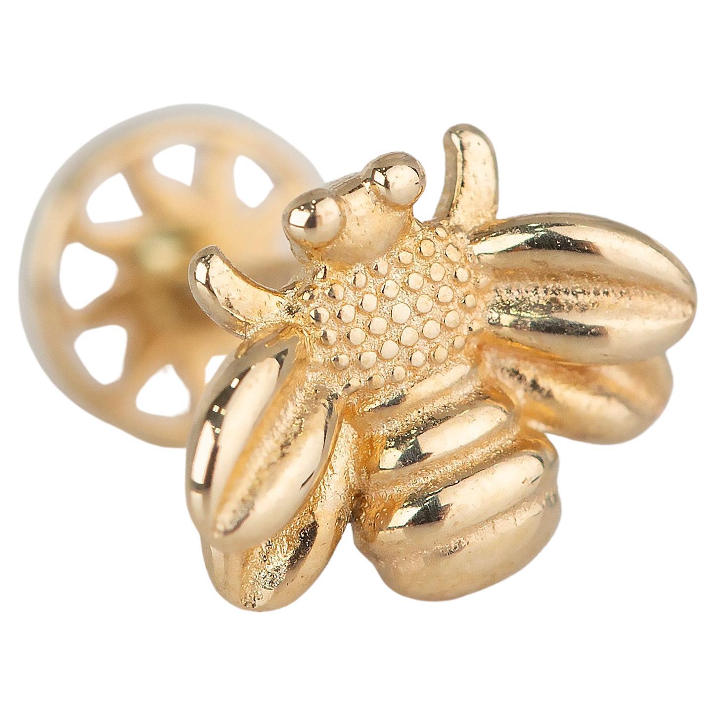 14K Gold Bee Piercing, Honeybee Gold Stud Earring For Sale