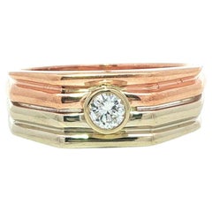 14k Gold Bezel Diamond Solitaire Grooved Geometric Stack Look Band Ring