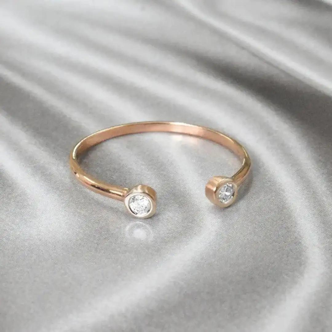 For Sale:  14k Gold Bezel Set Two Diamond Open Ring Diamond Cuff Ring 4