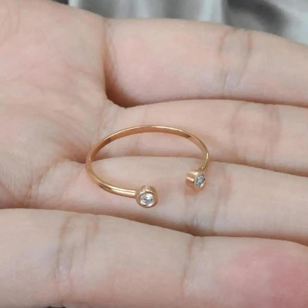 For Sale:  14k Gold Bezel Set Two Diamond Open Ring Diamond Cuff Ring 8