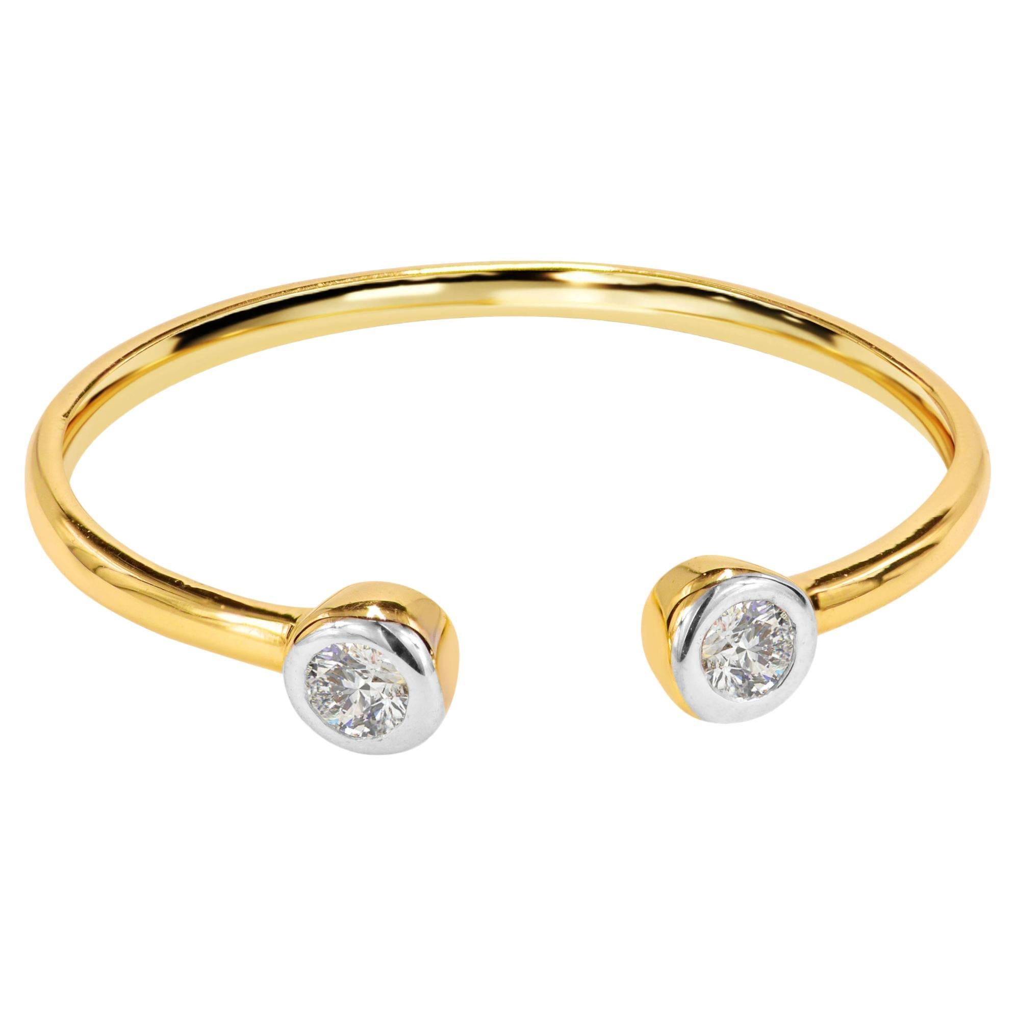 For Sale:  14k Gold Bezel Set Two Diamond Open Ring Diamond Cuff Ring