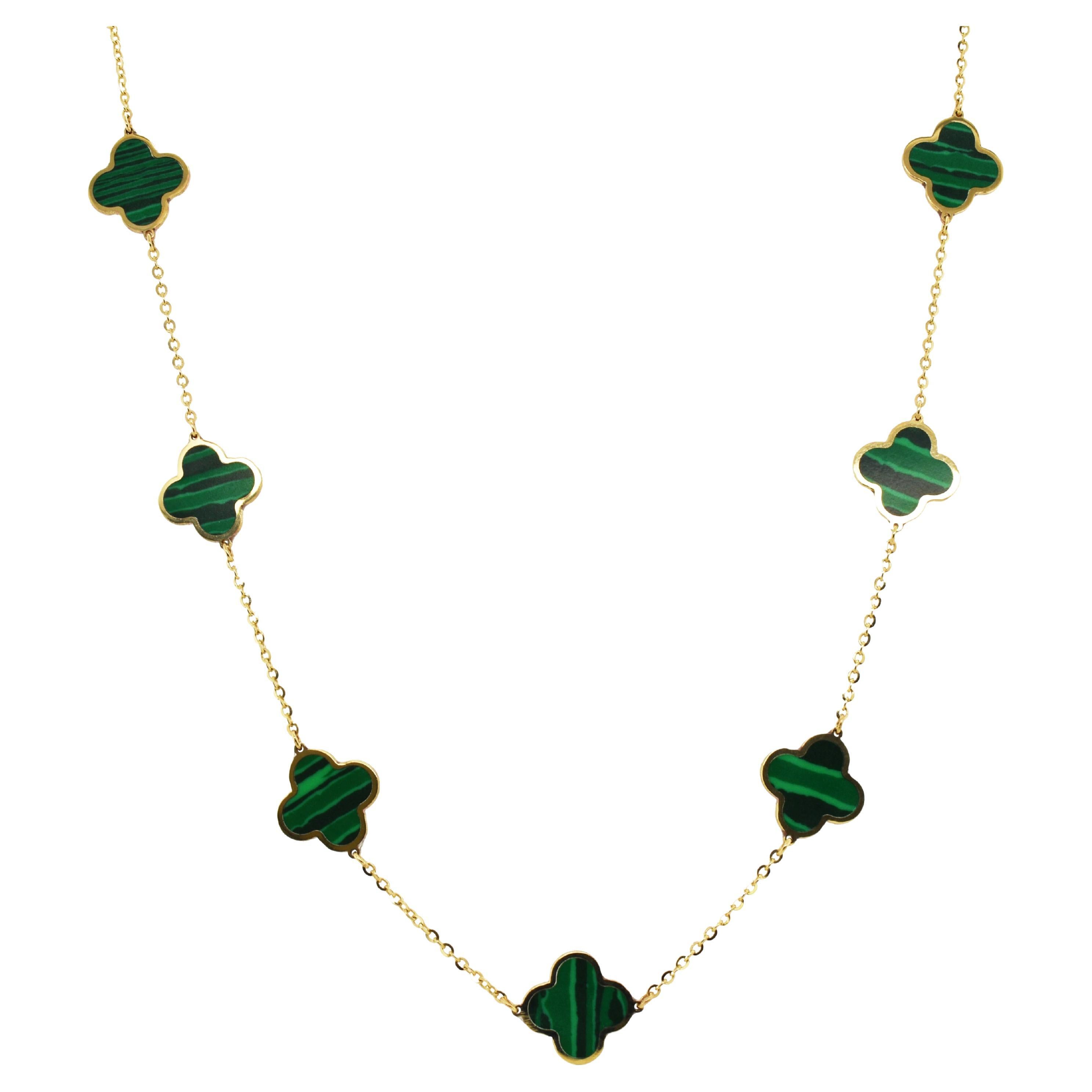 14k Gold Big Clover Malachite Necklace For Sale