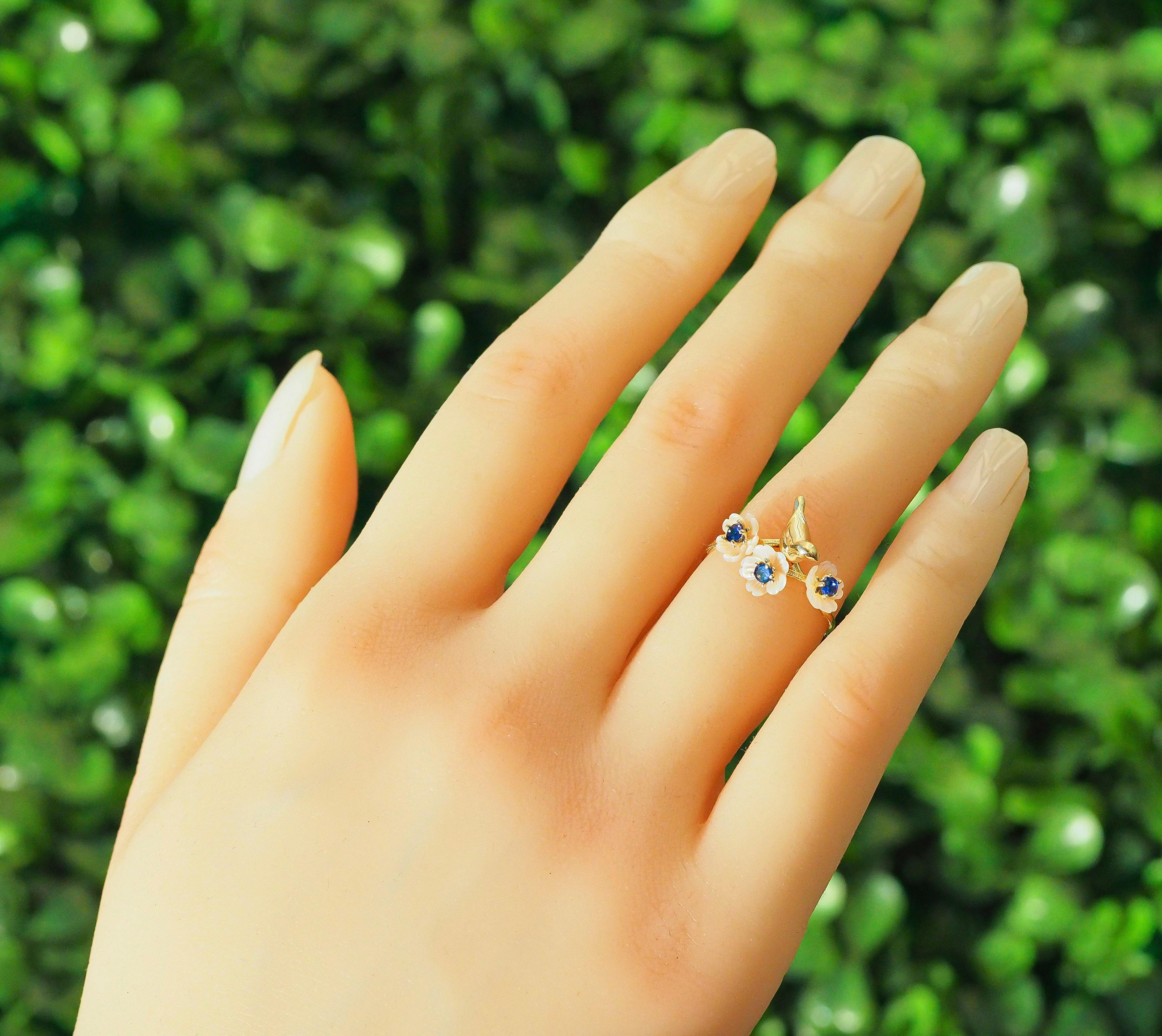 For Sale:  14k Gold Bird on Branch Ring. Sapphires and Carved Mother of Pearl ring! 14