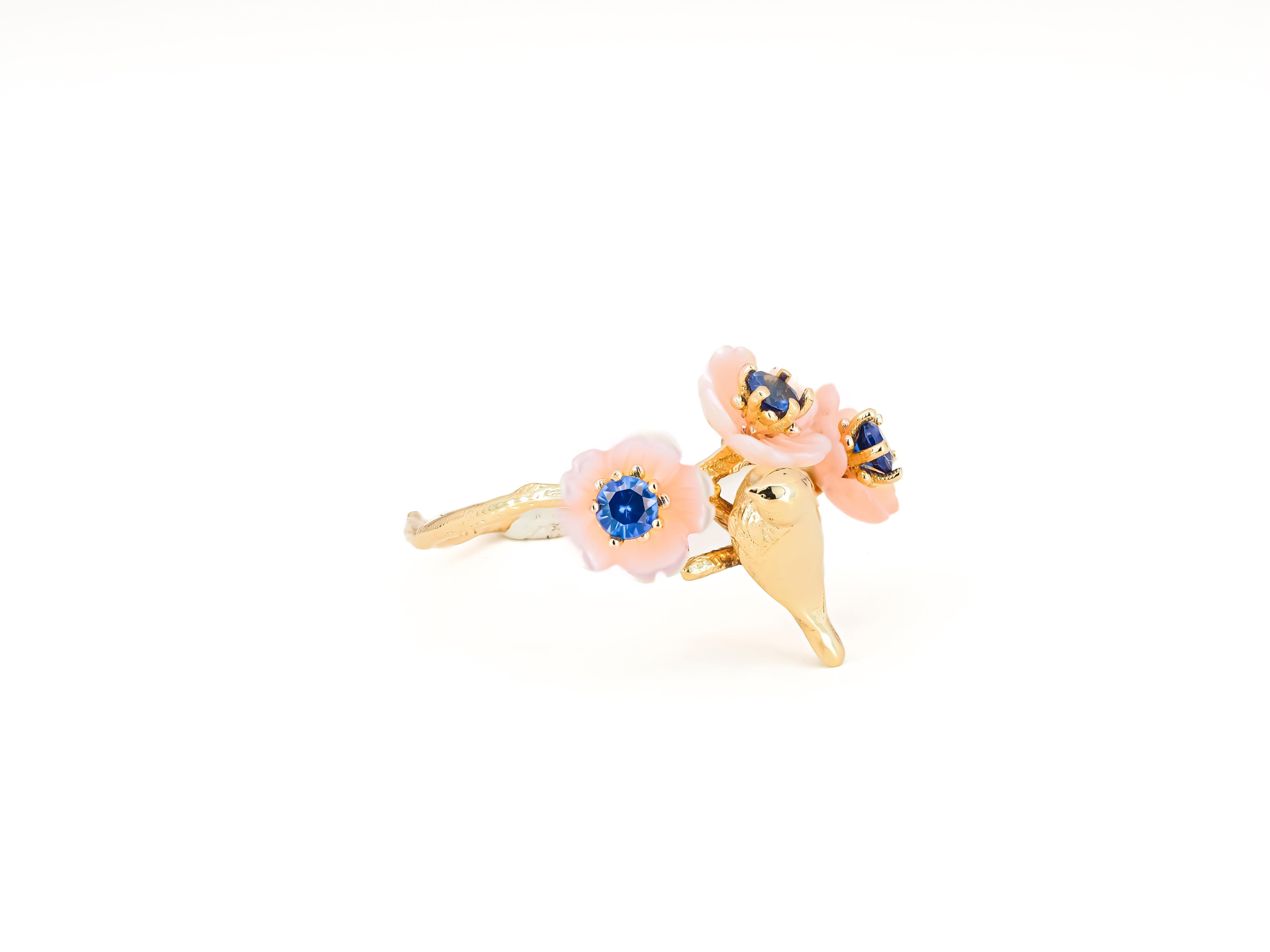 For Sale:  14k Gold Bird on Branch Ring. Sapphires and Carved Mother of Pearl ring! 8
