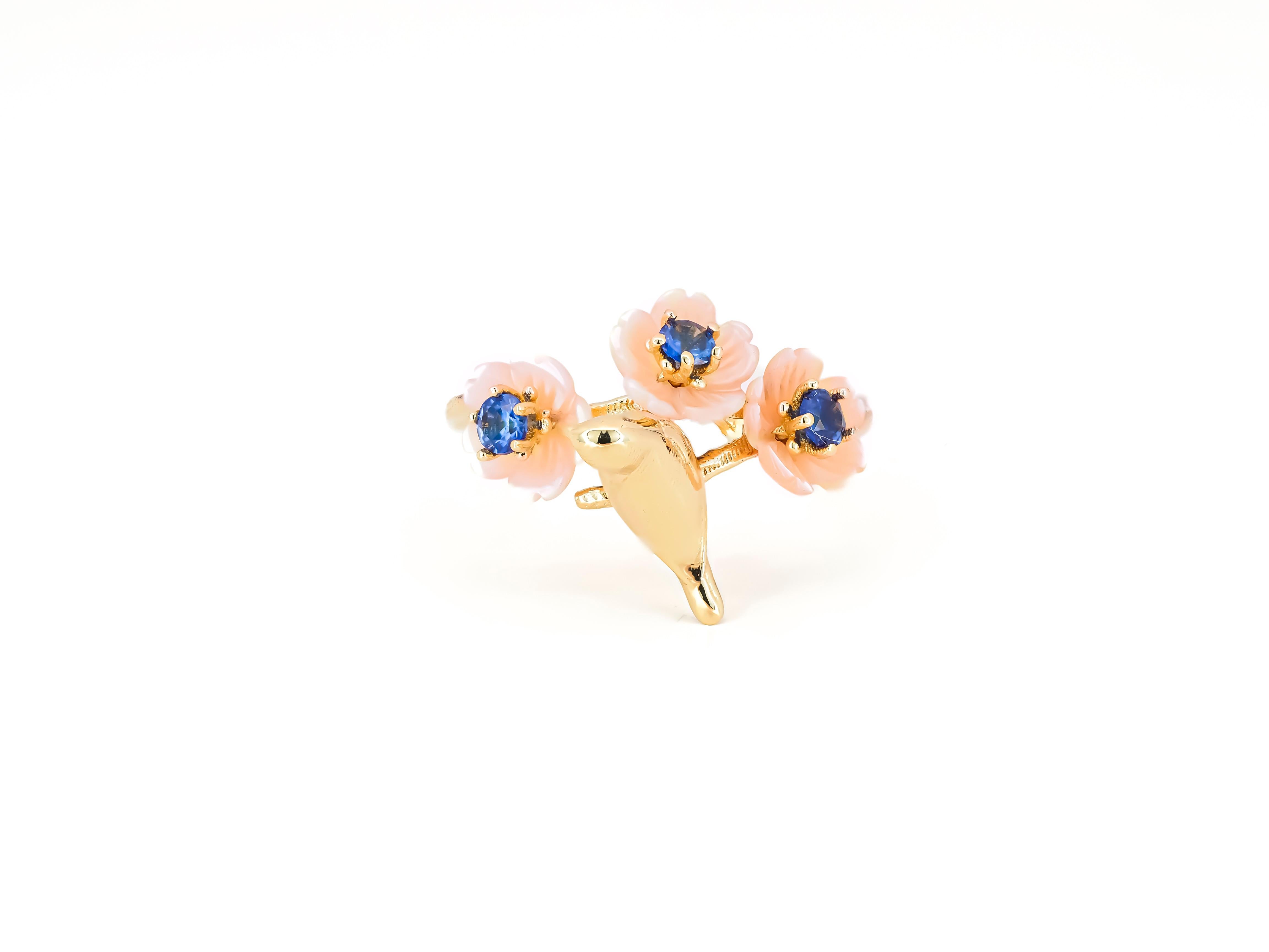 For Sale:  14k Gold Bird on Branch Ring. Sapphires and Carved Mother of Pearl ring! 2
