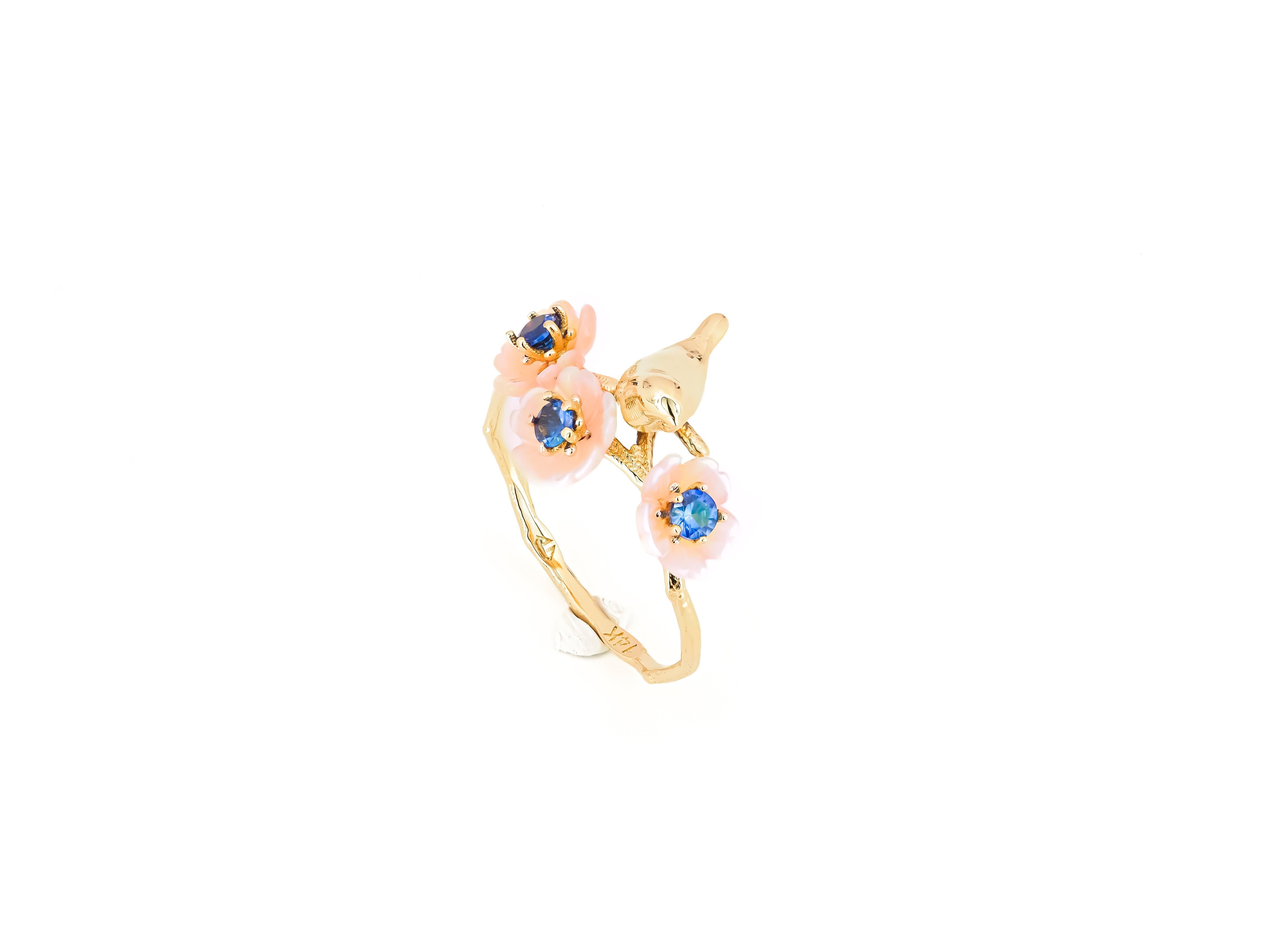For Sale:  14k Gold Bird on Branch Ring. Sapphires and Carved Mother of Pearl ring! 9