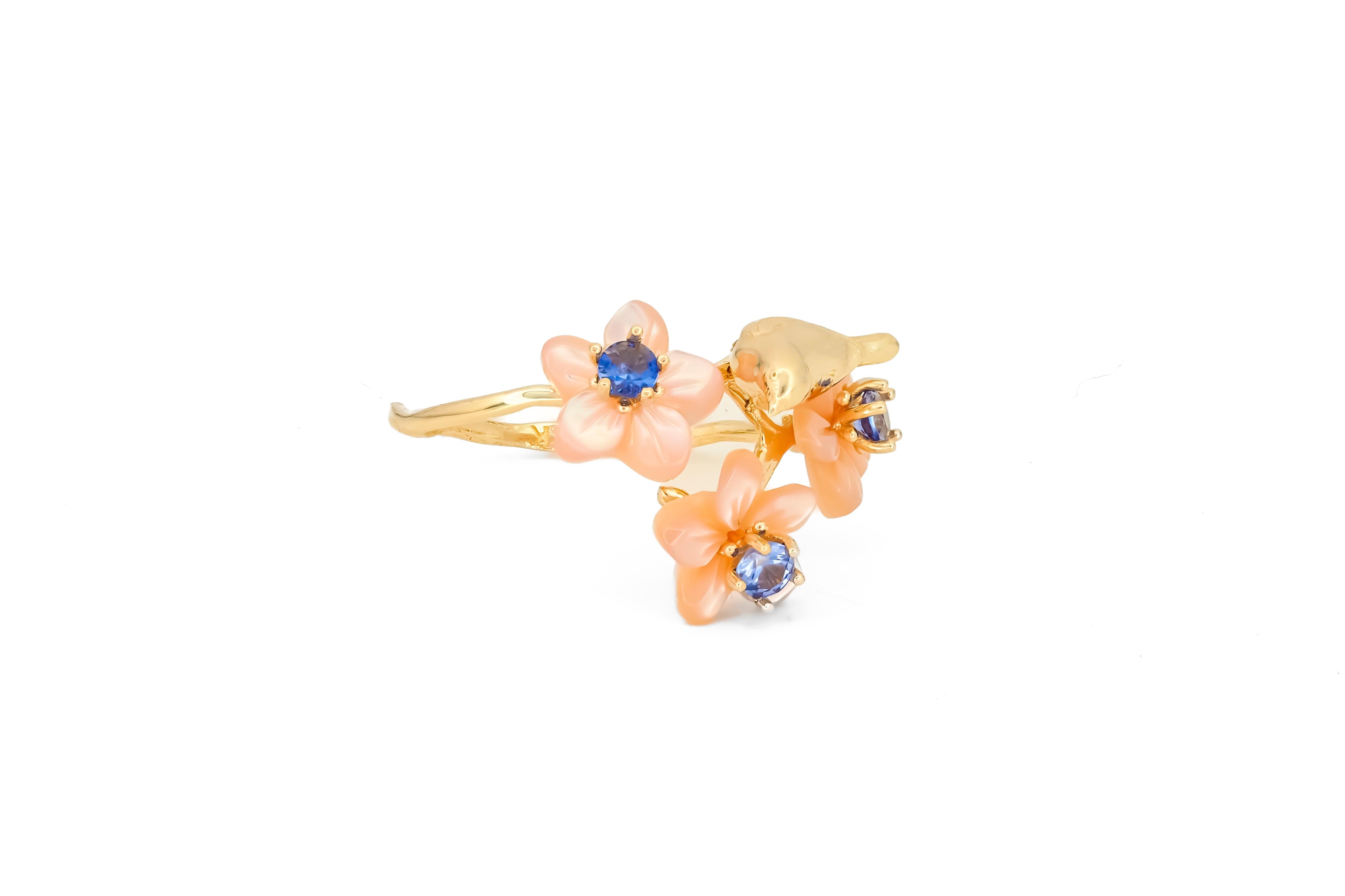 For Sale:  14k Gold Bird on Branch Ring. Sapphires and Carved Mother of Pearl ring! 3
