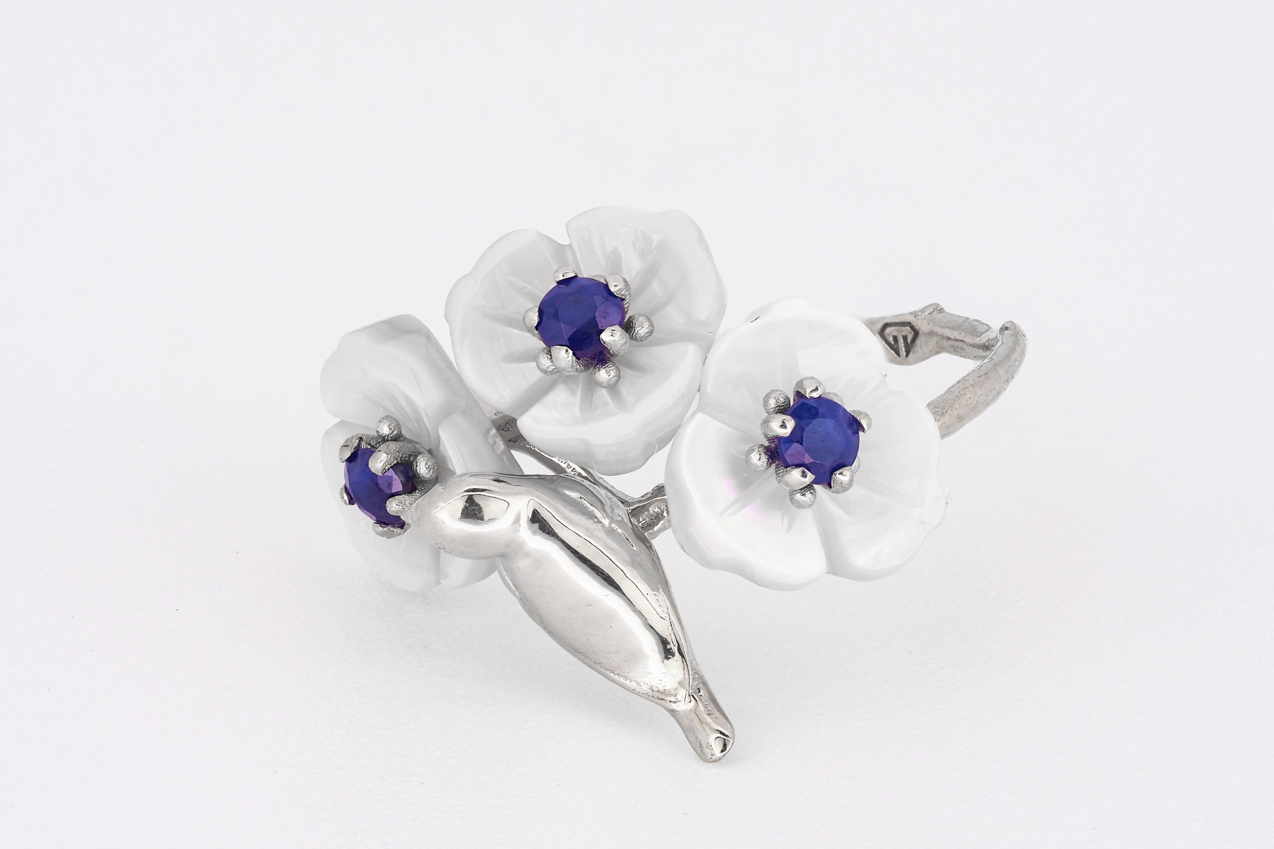 Modern 14k Gold Bird on Branch Ring with Sapphires and Carved Mother of Pearl Flowers