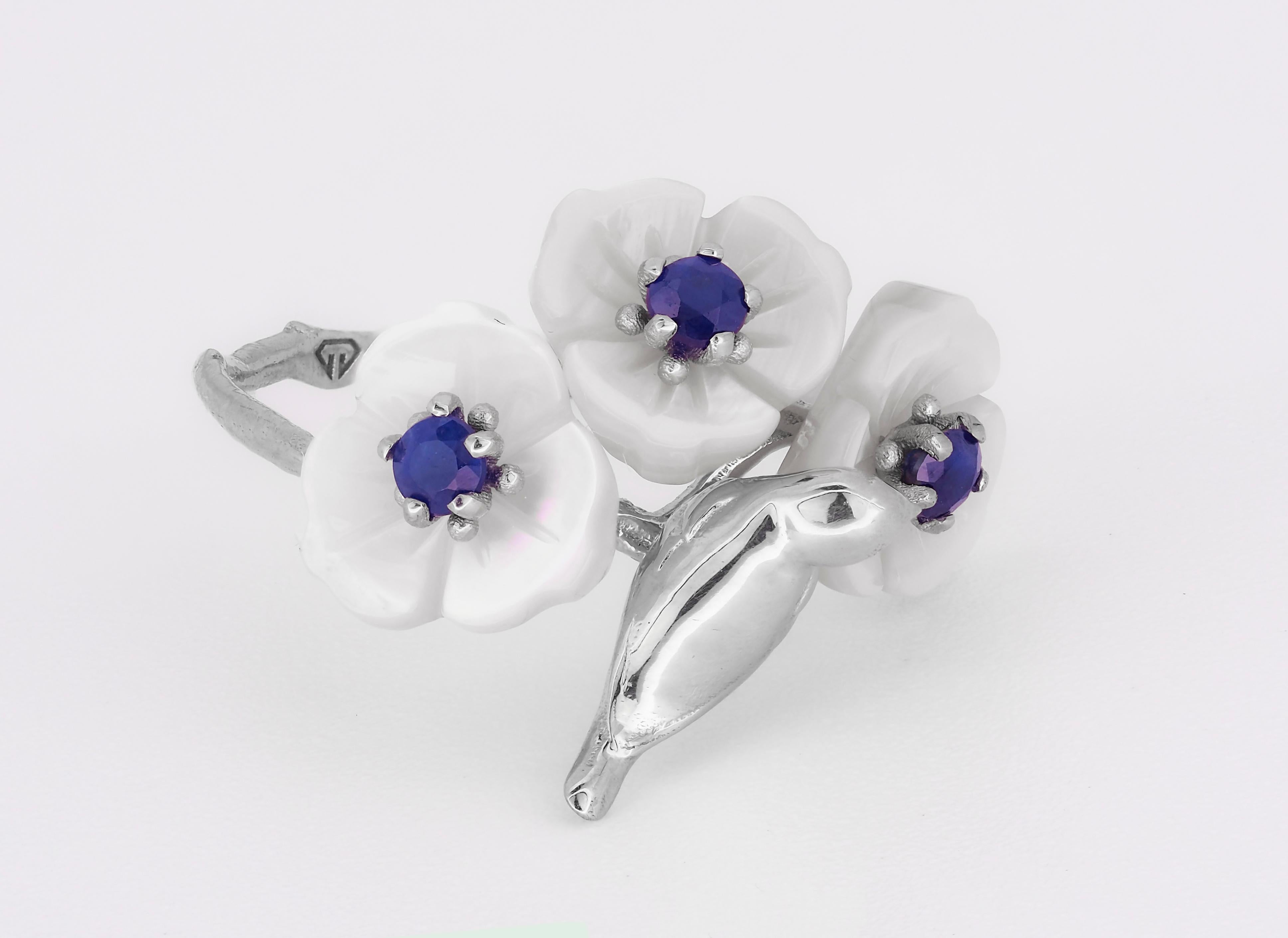 Round Cut 14k Gold Bird on Branch Ring with Sapphires and Carved Mother of Pearl Flowers