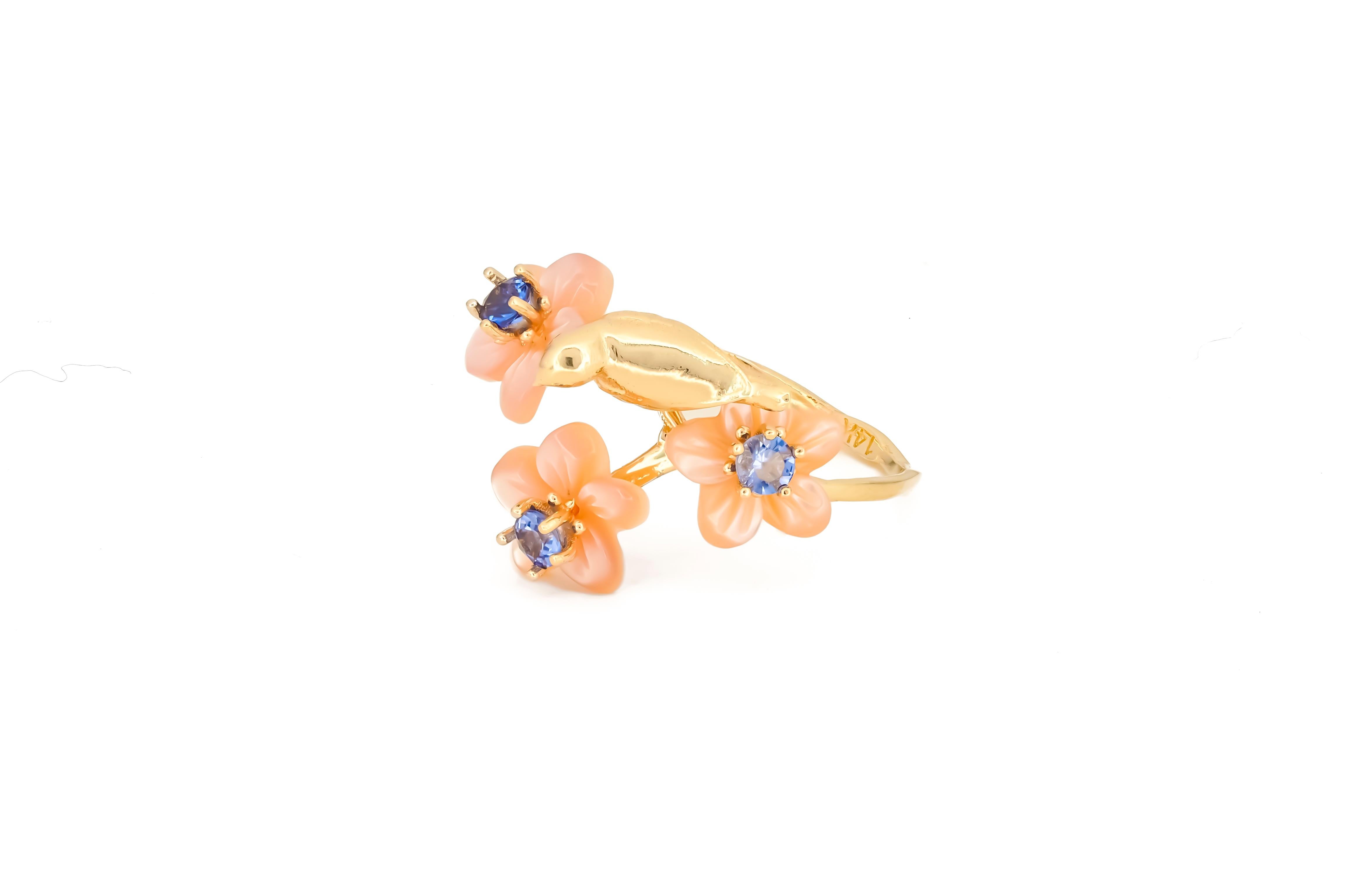 For Sale:  14k Gold Bird on Branch Ring. Sapphires and Carved Mother of Pearl ring! 5