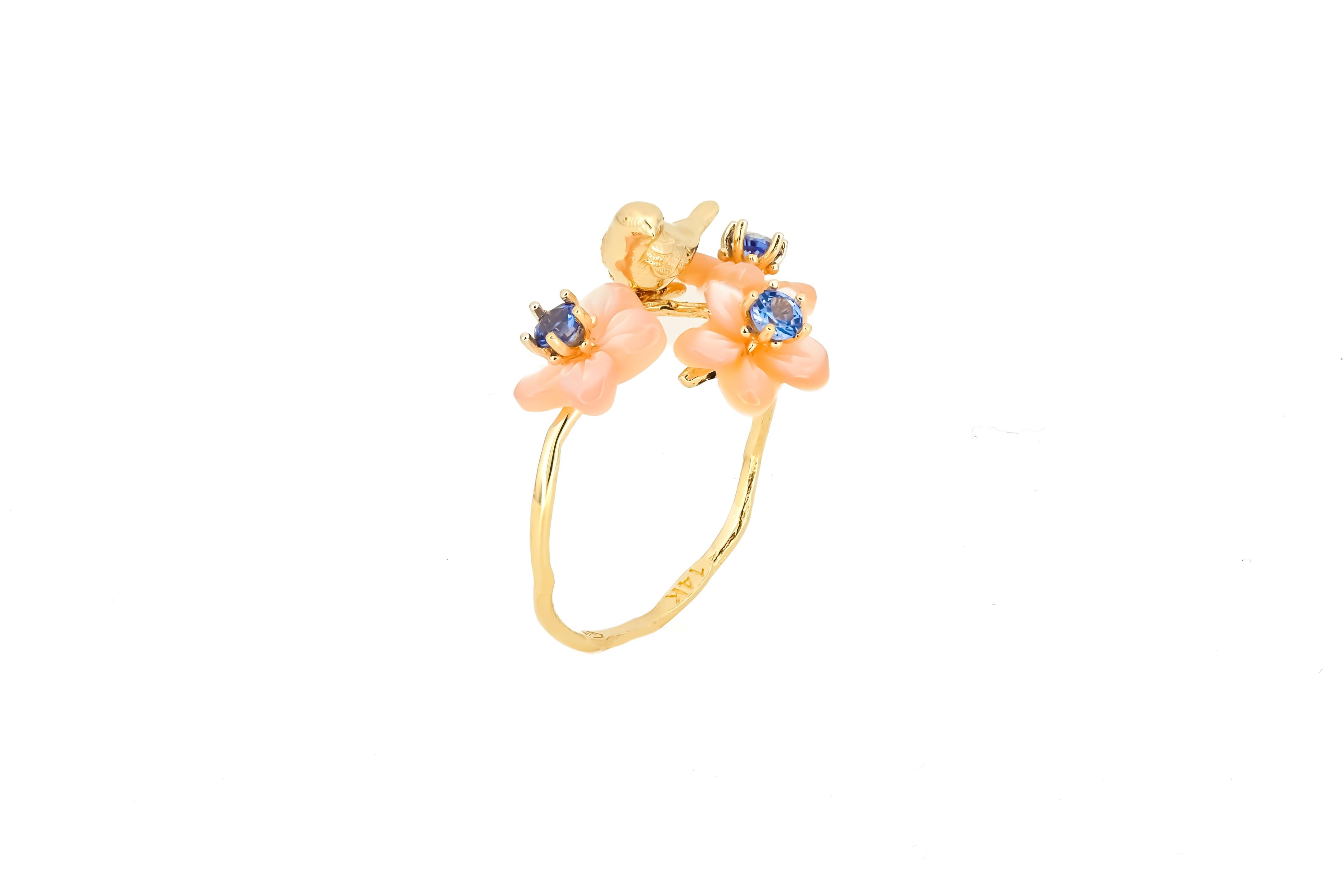 For Sale:  14k Gold Bird on Branch Ring. Sapphires and Carved Mother of Pearl ring! 6