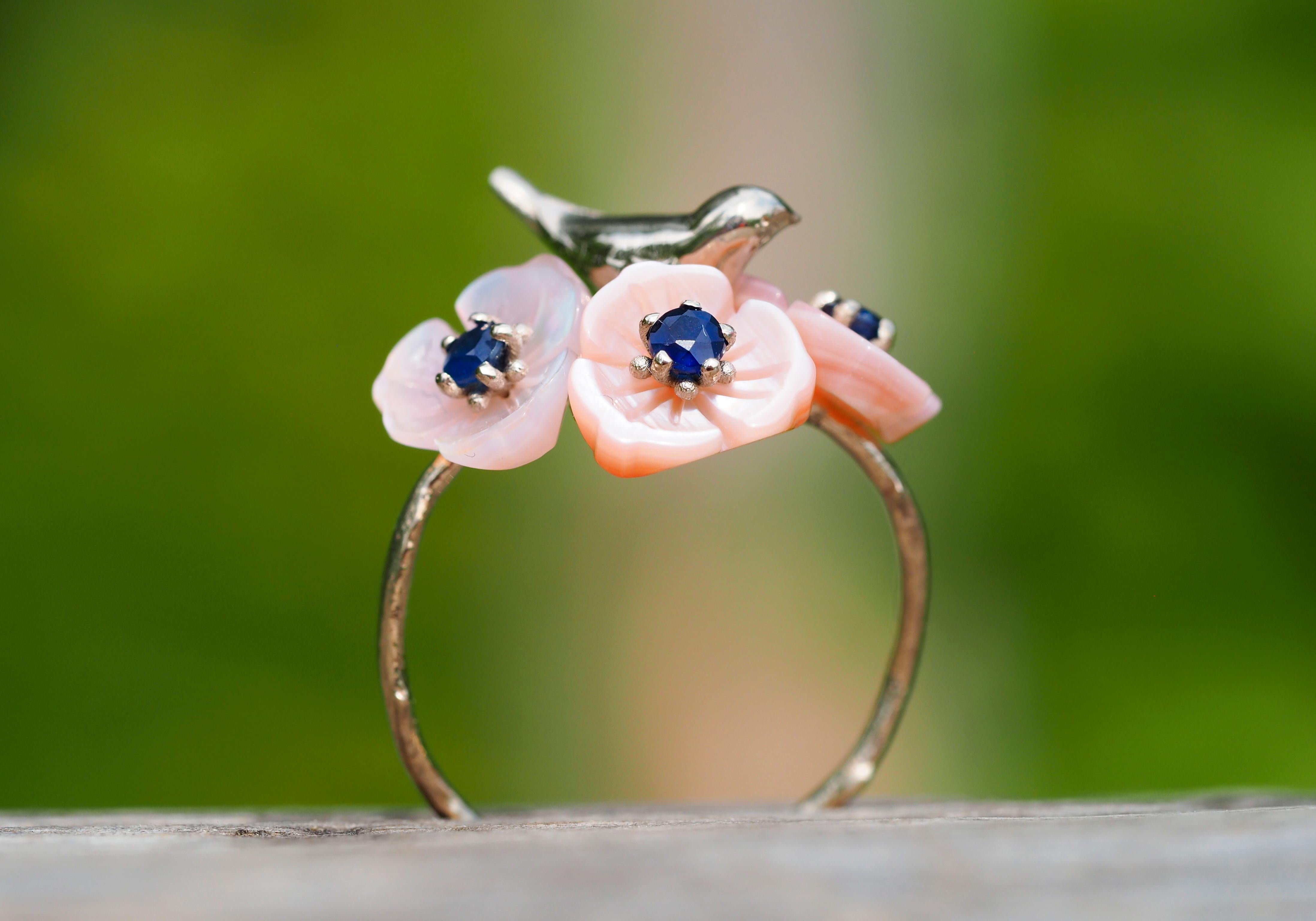 Women's 14k Gold Bird on Branch Ring with Sapphires and Carved Mother of Pearl Flowers