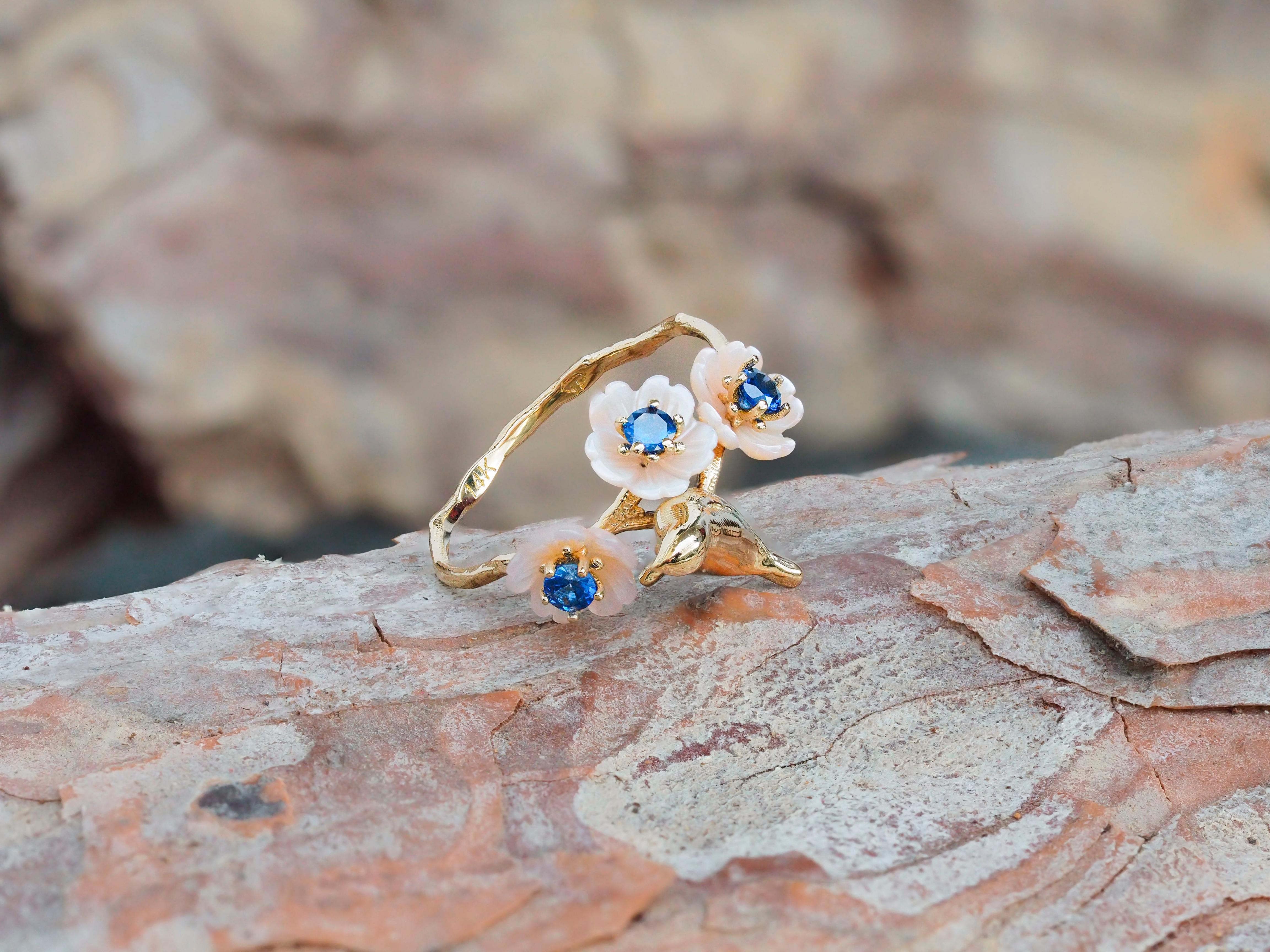 For Sale:  14k Gold Bird on Branch Ring. Sapphires and Carved Mother of Pearl ring! 10