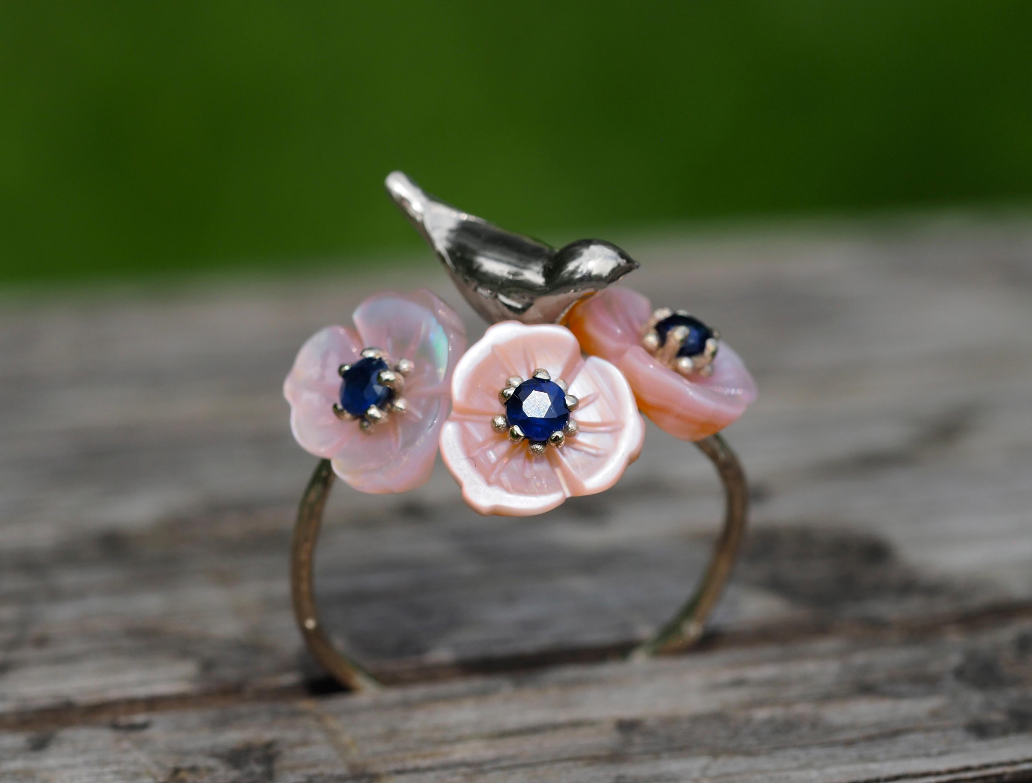 14k Gold Bird on Branch Ring with Sapphires and Carved Mother of Pearl Flowers 1