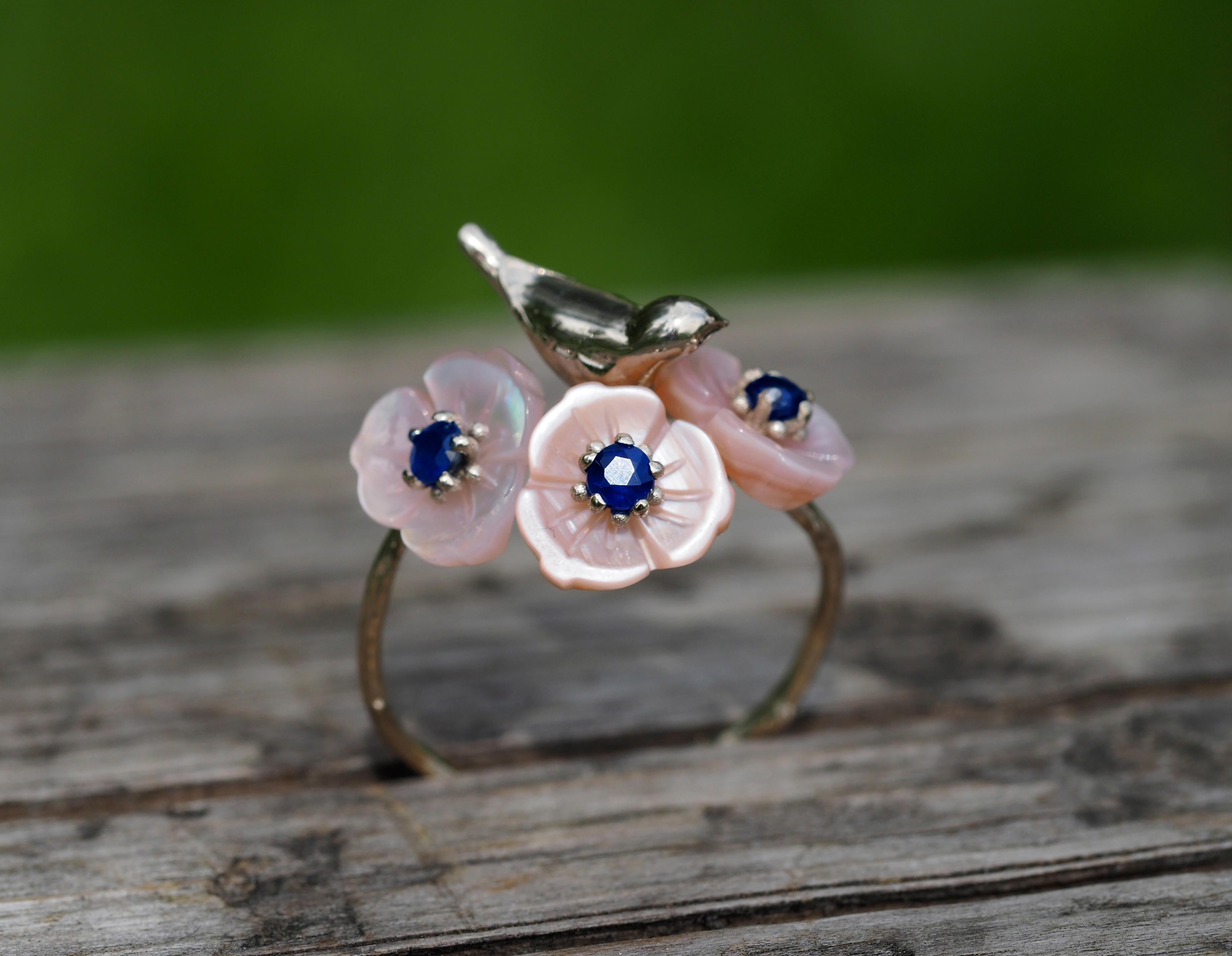 14k Gold Bird on Branch Ring with Sapphires and Carved Mother of Pearl Flowers 2