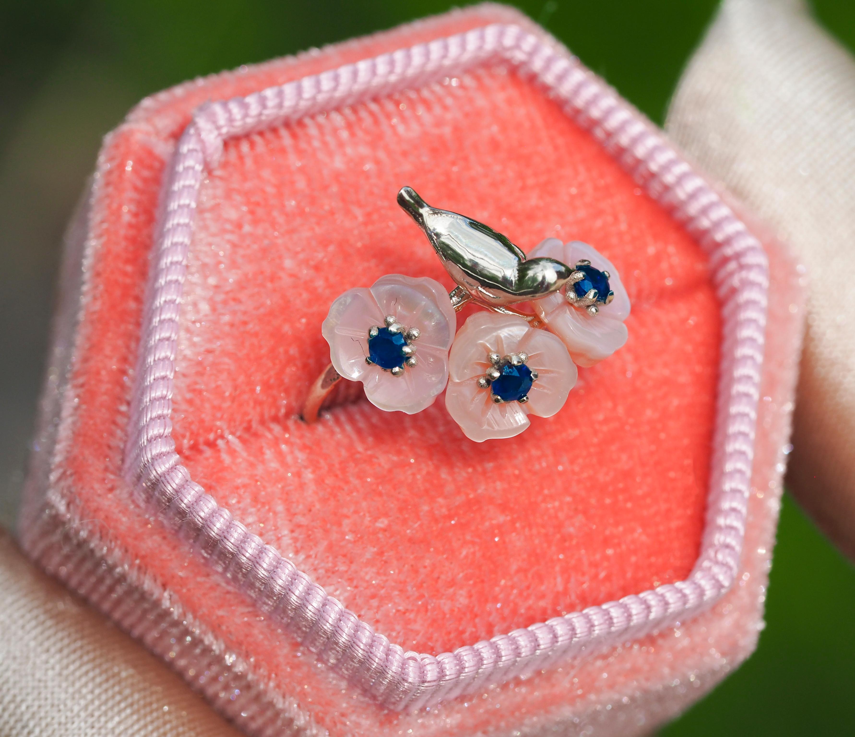 14k Gold Bird on Branch Ring with Sapphires and Carved Mother of Pearl Flowers 3