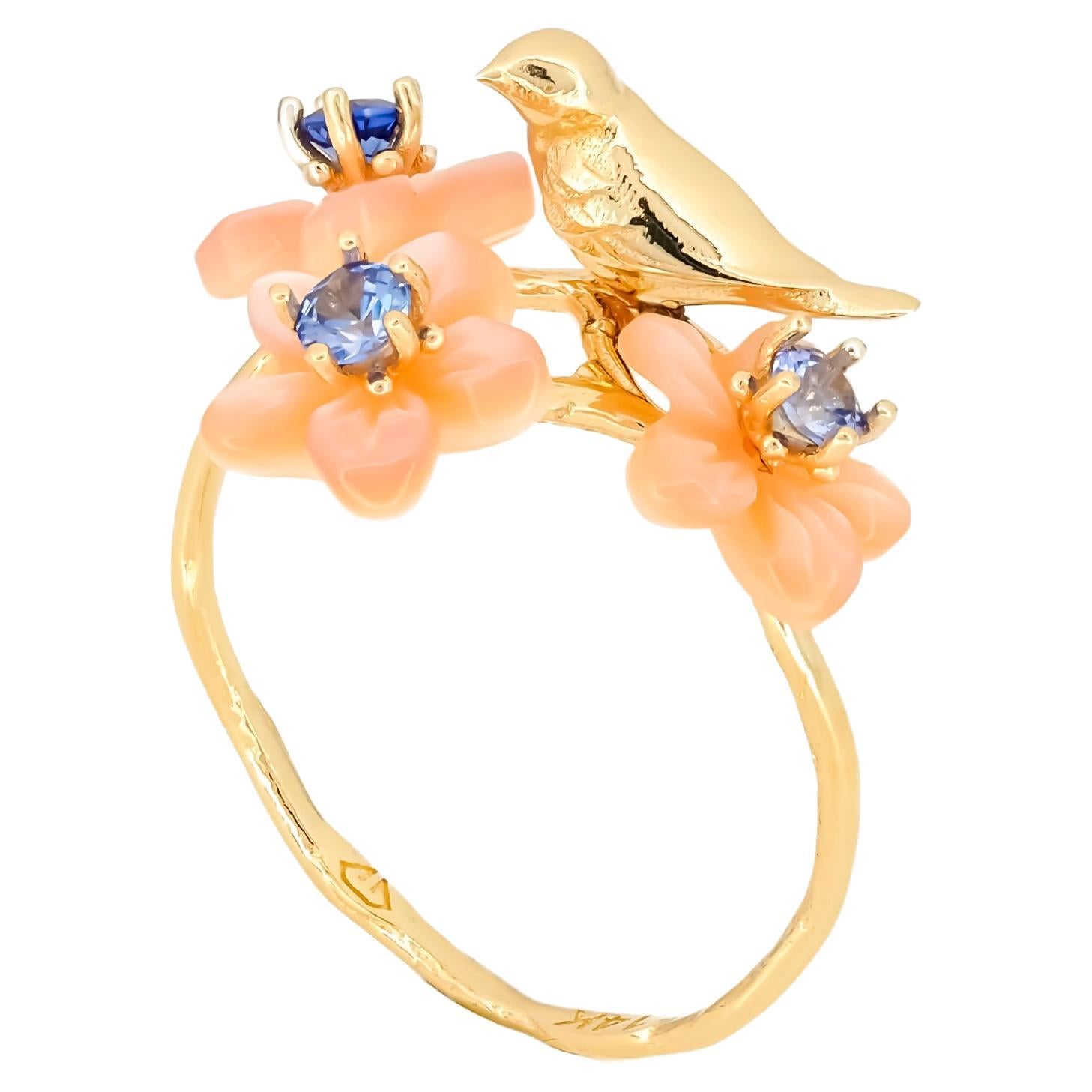 For Sale:  14k Gold Bird on Branch Ring. Sapphires and Carved Mother of Pearl ring!