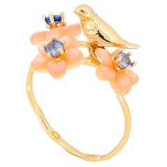 14k Gold Bird on Branch Ring. Sapphires and Carved Mother of Pearl ring!