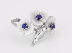 14k Gold Bird on Branch Ring with Sapphires and Carved Mother of Pearl Flowers