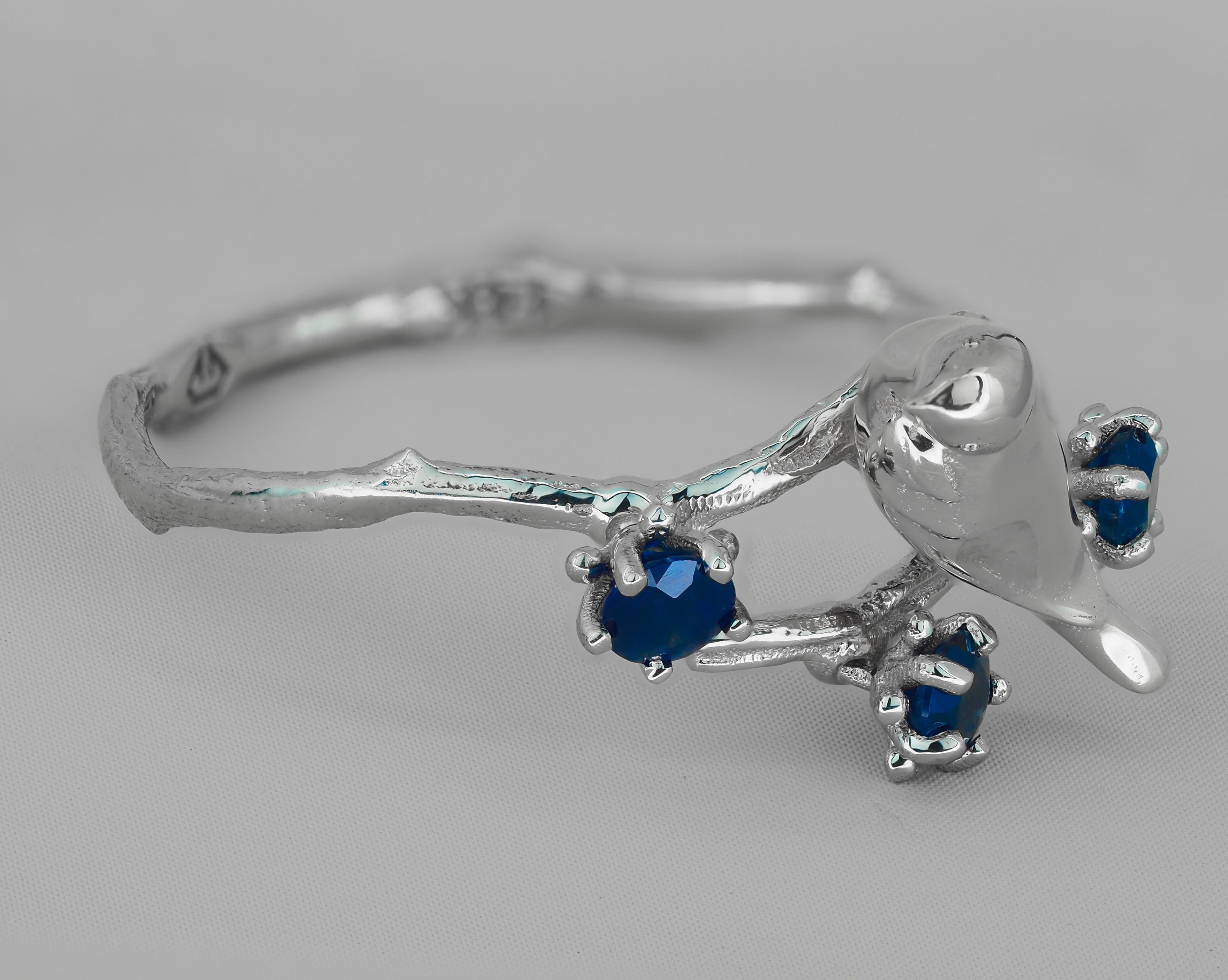 For Sale:  14k Gold Bird on Branch Ring with Sapphires 4