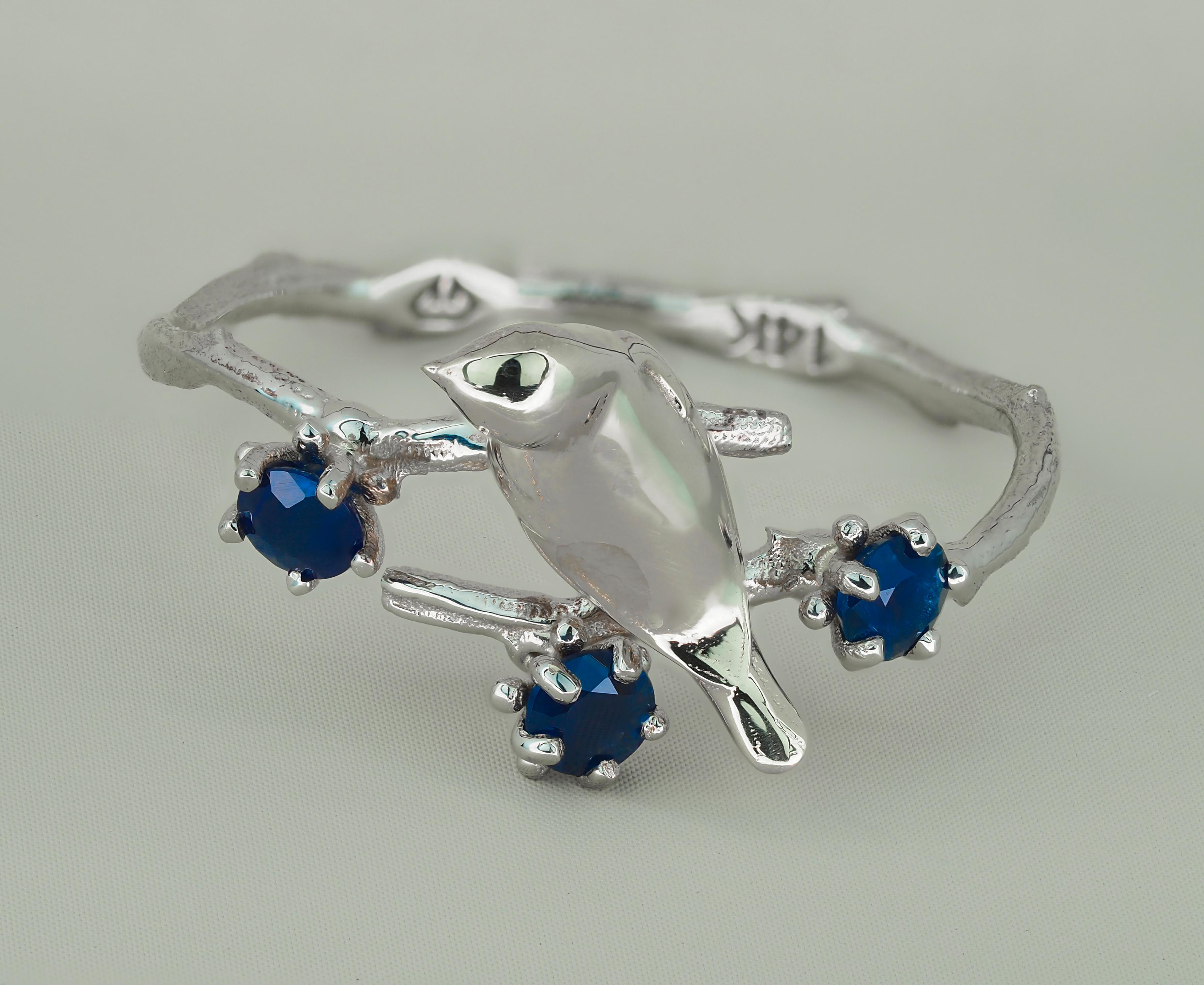 For Sale:  14k Gold Bird on Branch Ring with Sapphires 5